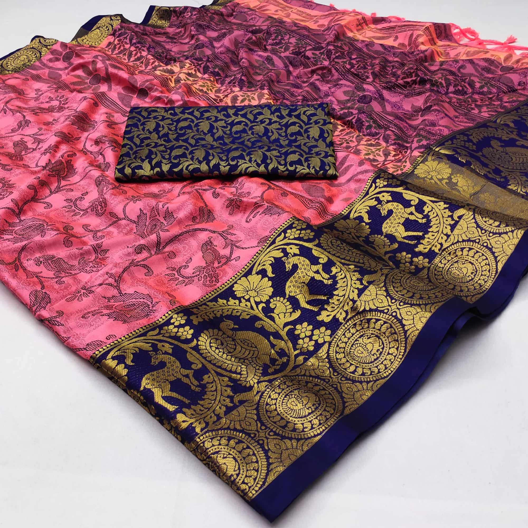 Gajari Pink Printed With Woven Border Cotton Silk Saree