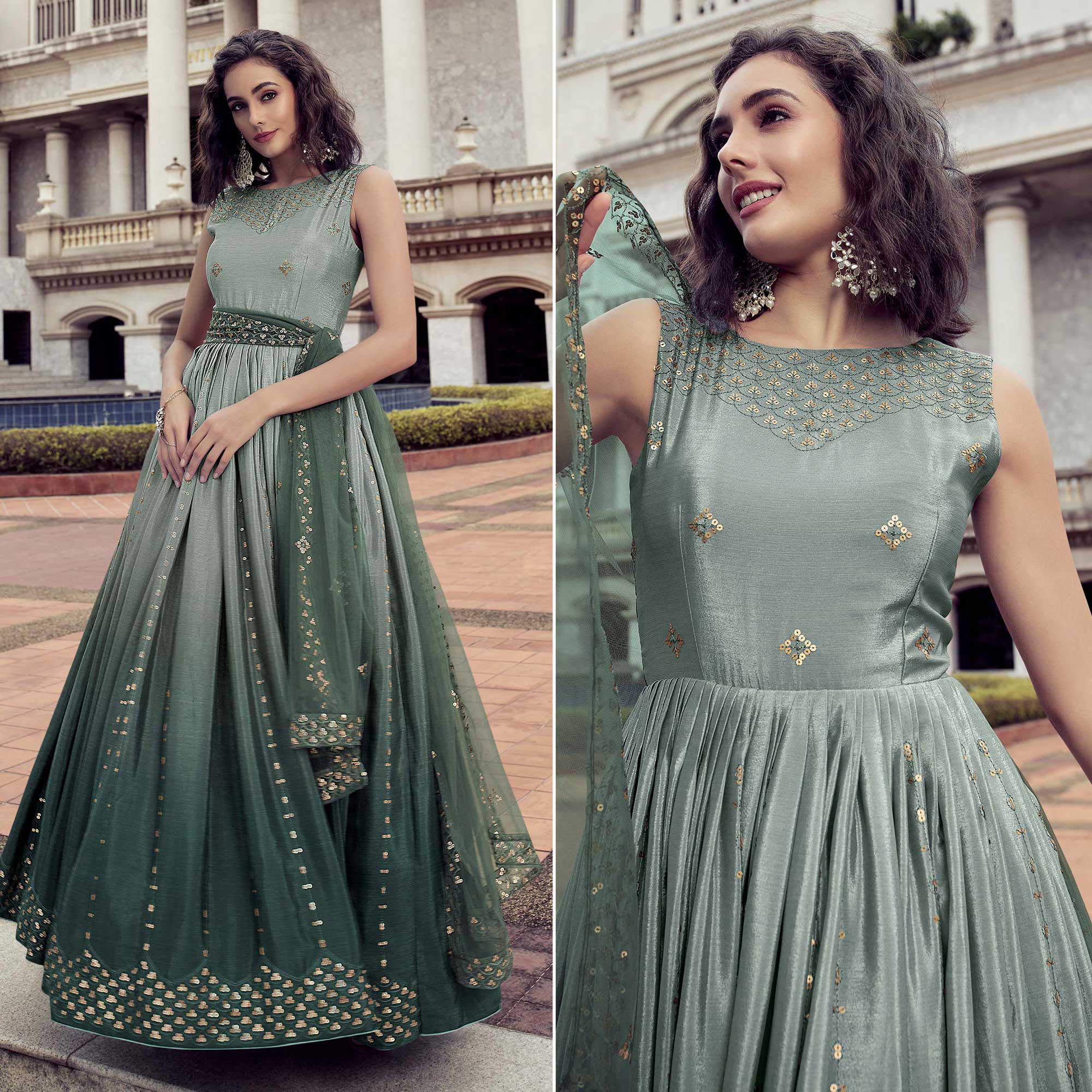 Green Sequins Embroidered Chiffon Gown