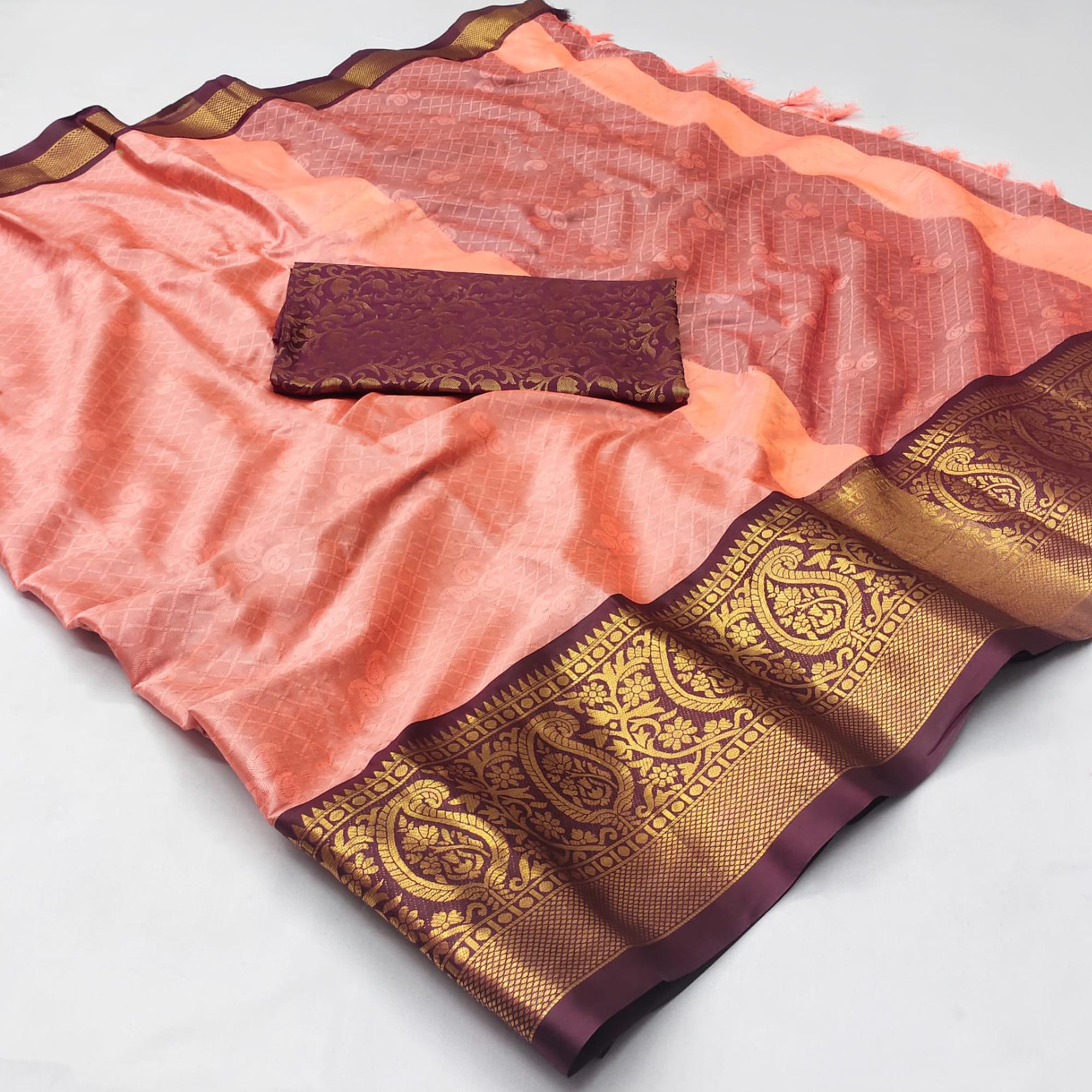 Baby Pink Woven Cotton Silk Saree With Tassels