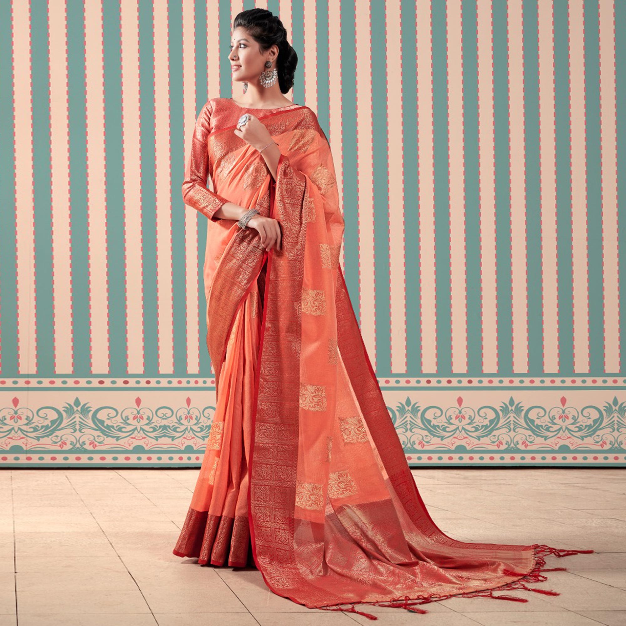 Peach Woven Linen Saree With Tassels