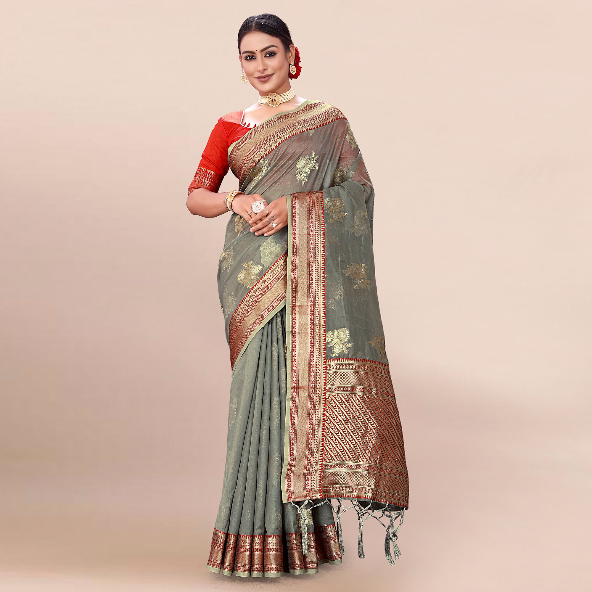 Grey Woven Organza Saree With Tassels