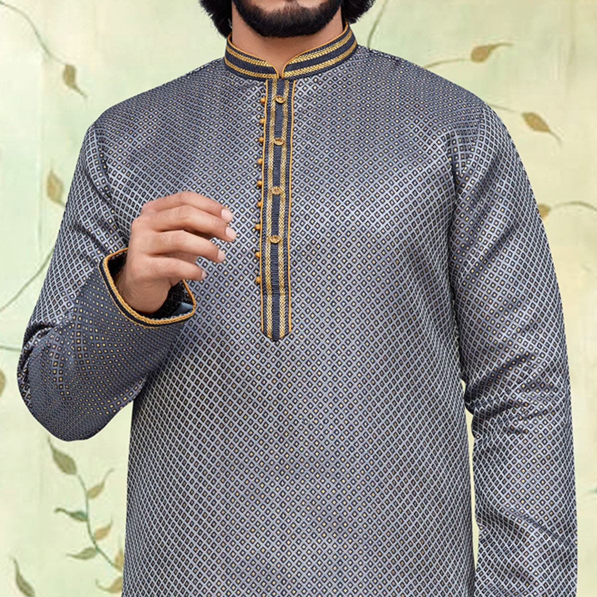 Grey Woven Jacquard Kurta Pyjama Set
