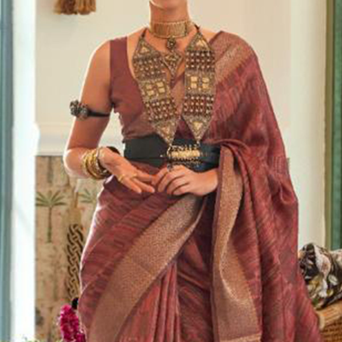 Brown Woven Organza Saree With Tassels