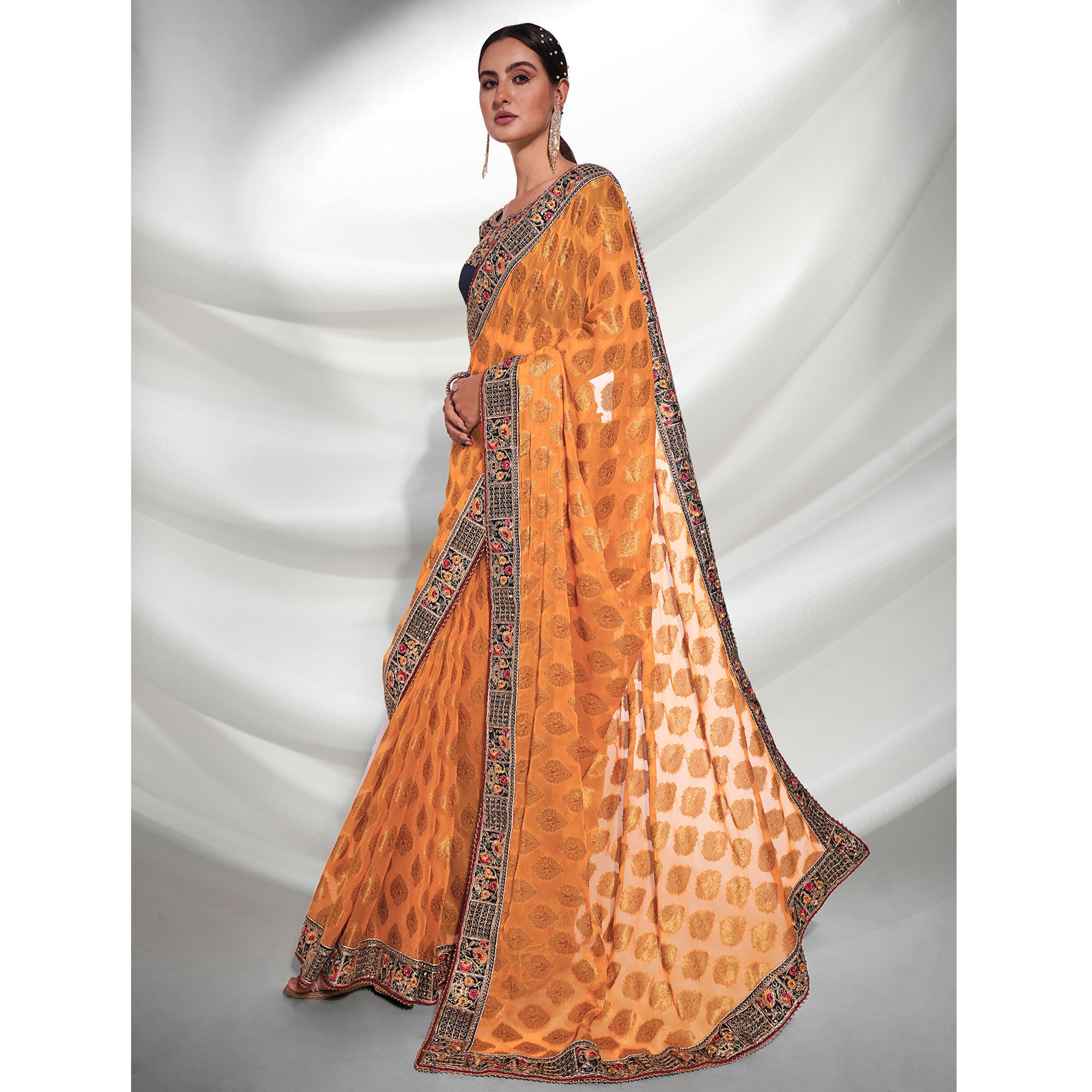 Mustard Woven With Embroidered Border Viscose Saree