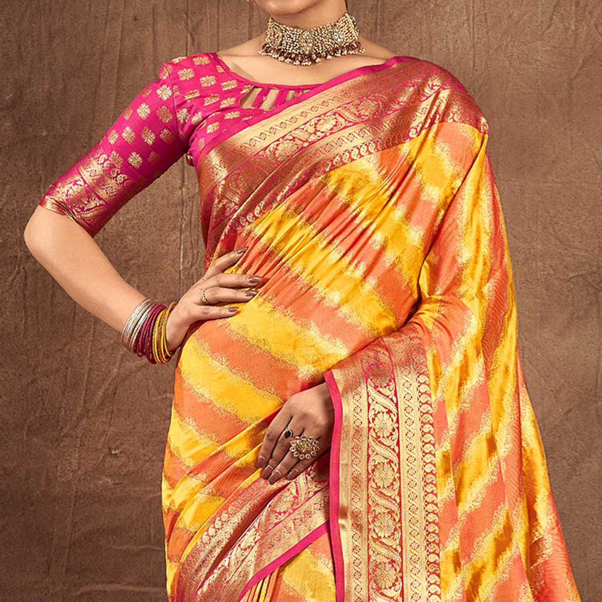 Yellow & Orange Woven Art Silk Saree