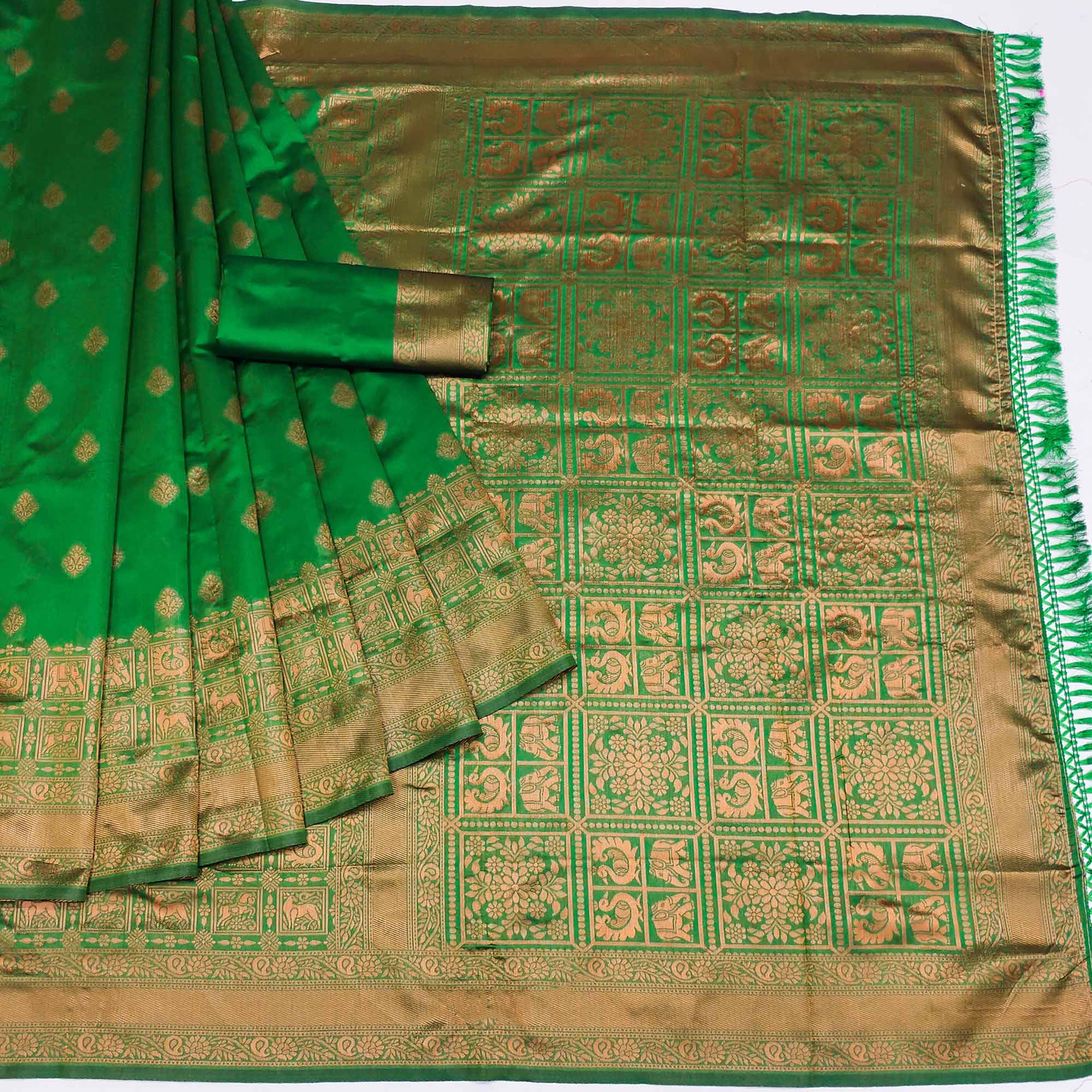 Green Woven Jacquard Saree With Tassels