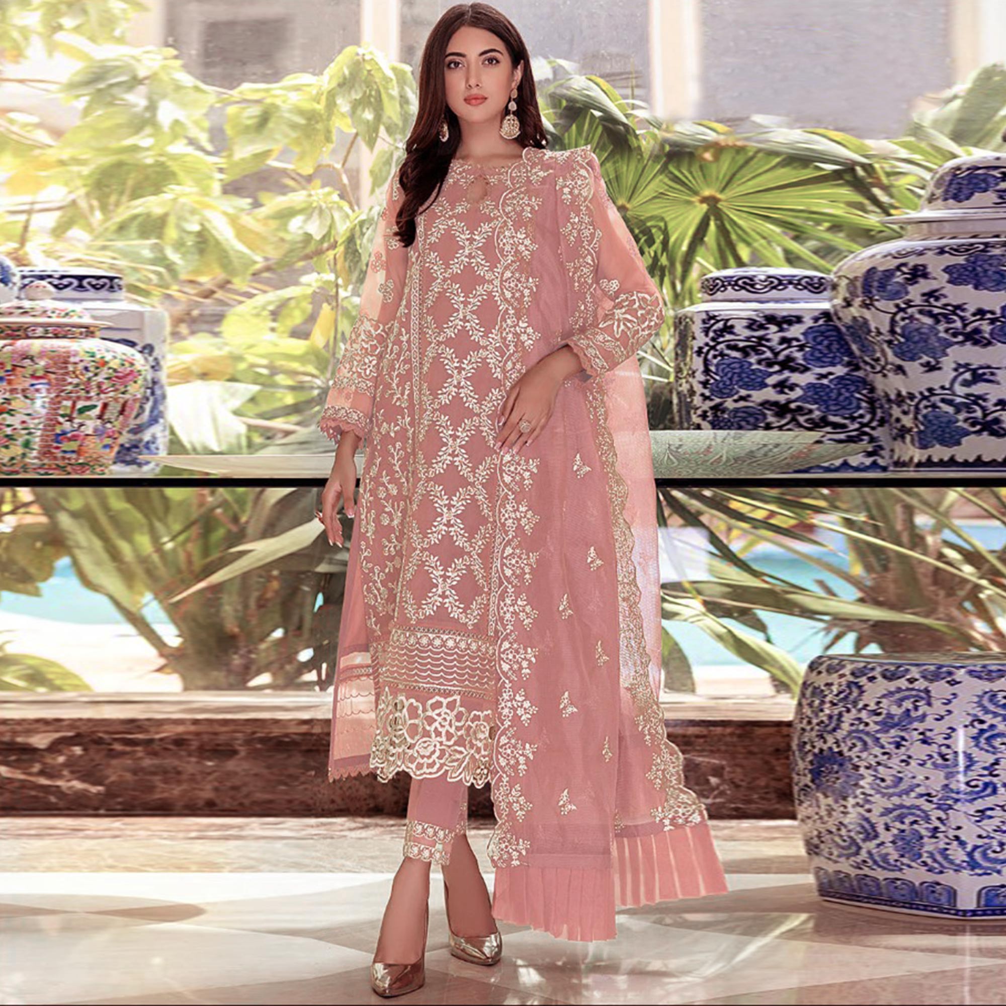 Peach Floral Embroidered Georgette Salwar Suit