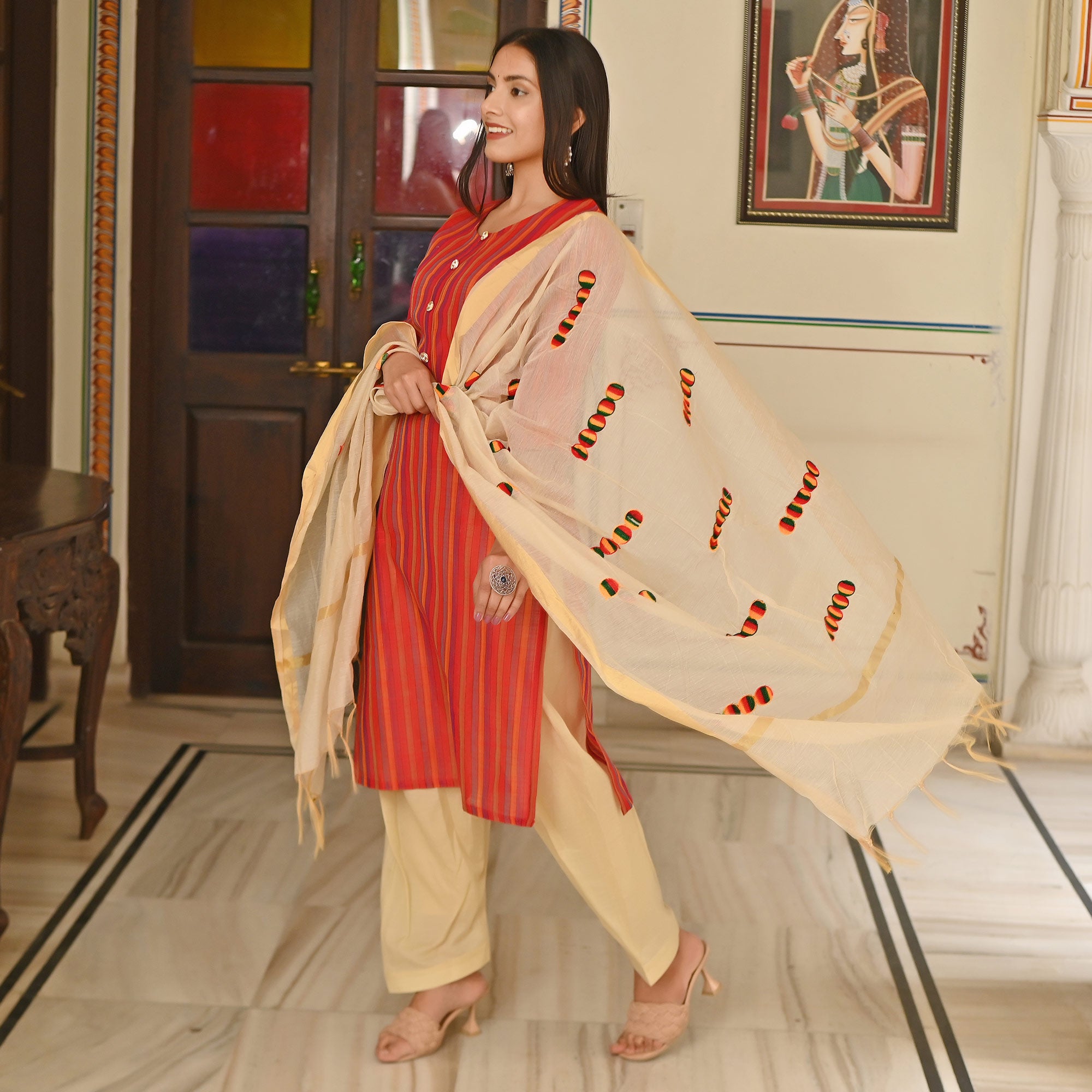 Red Stripes Printed Pure Cotton Salwar Suit