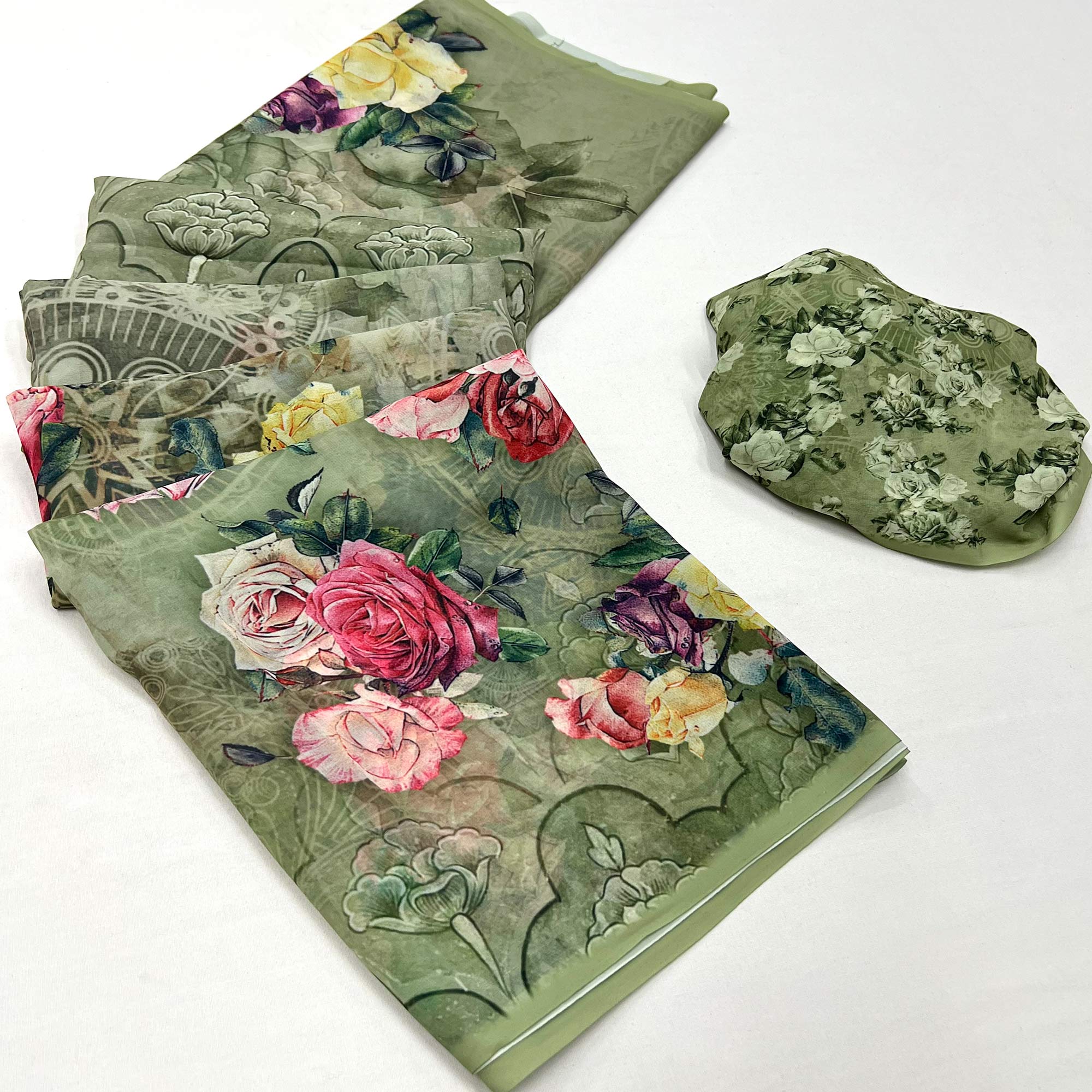 Green Digital Floral Printed Georgette Saree