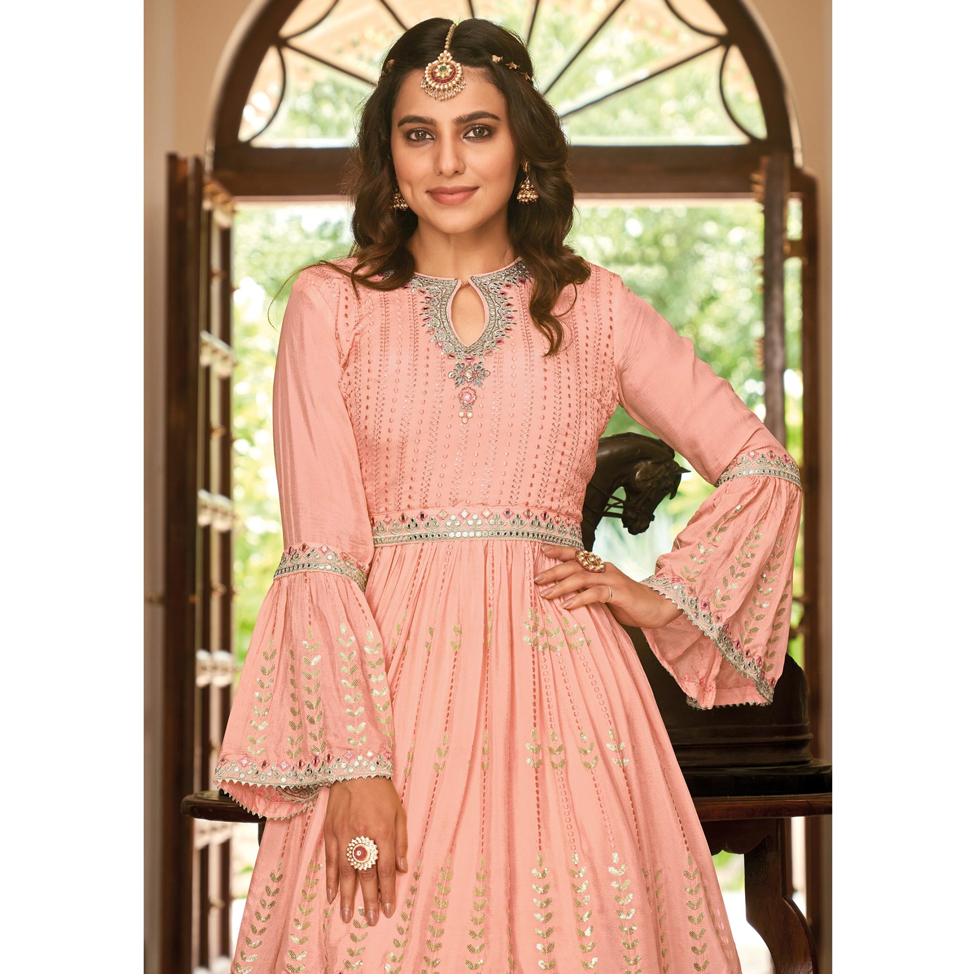 Peach Floral Sequins Embroidered Chiffon Semi Stitched Sharara Suit