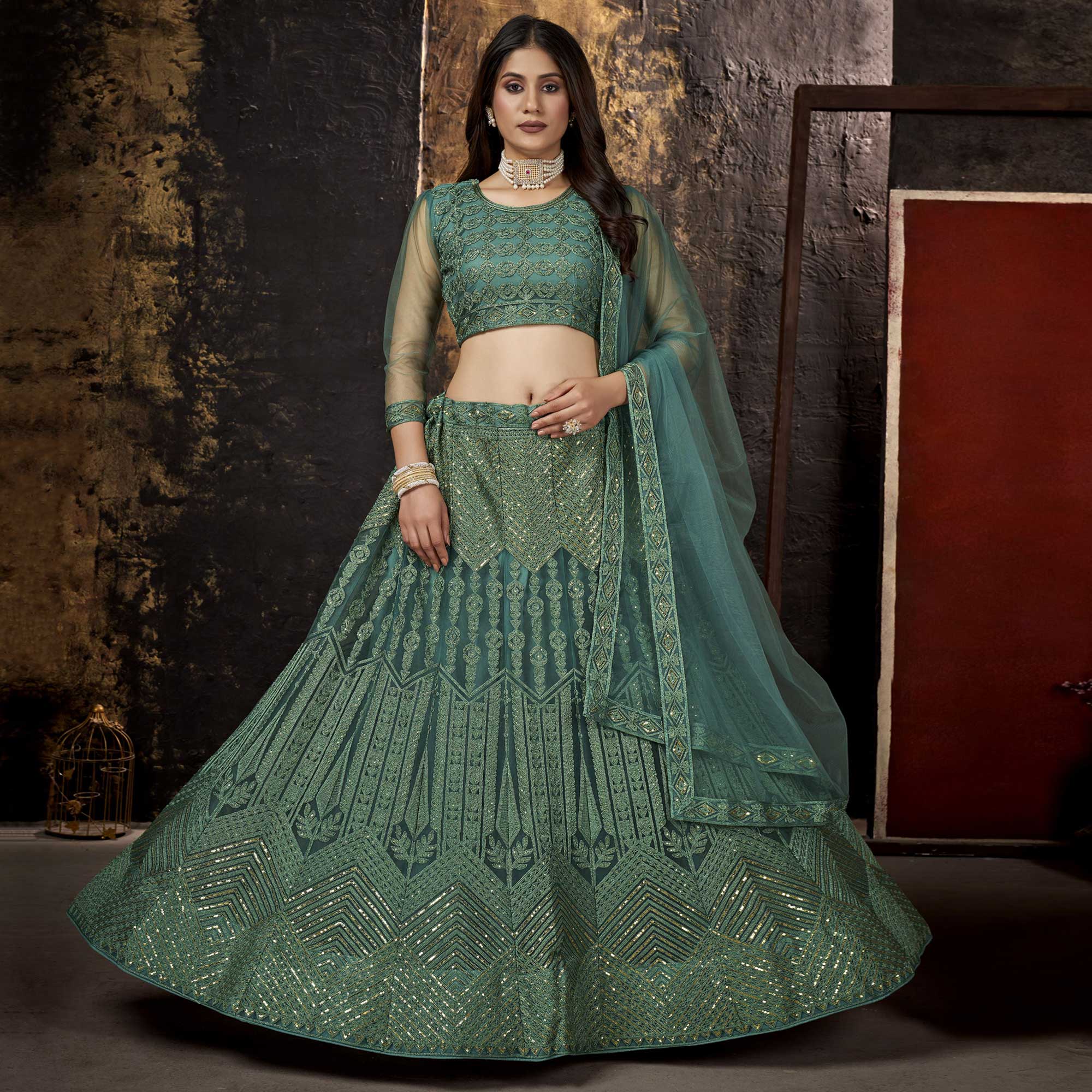 Green Sequins Embroidered Net Lehenga Choli