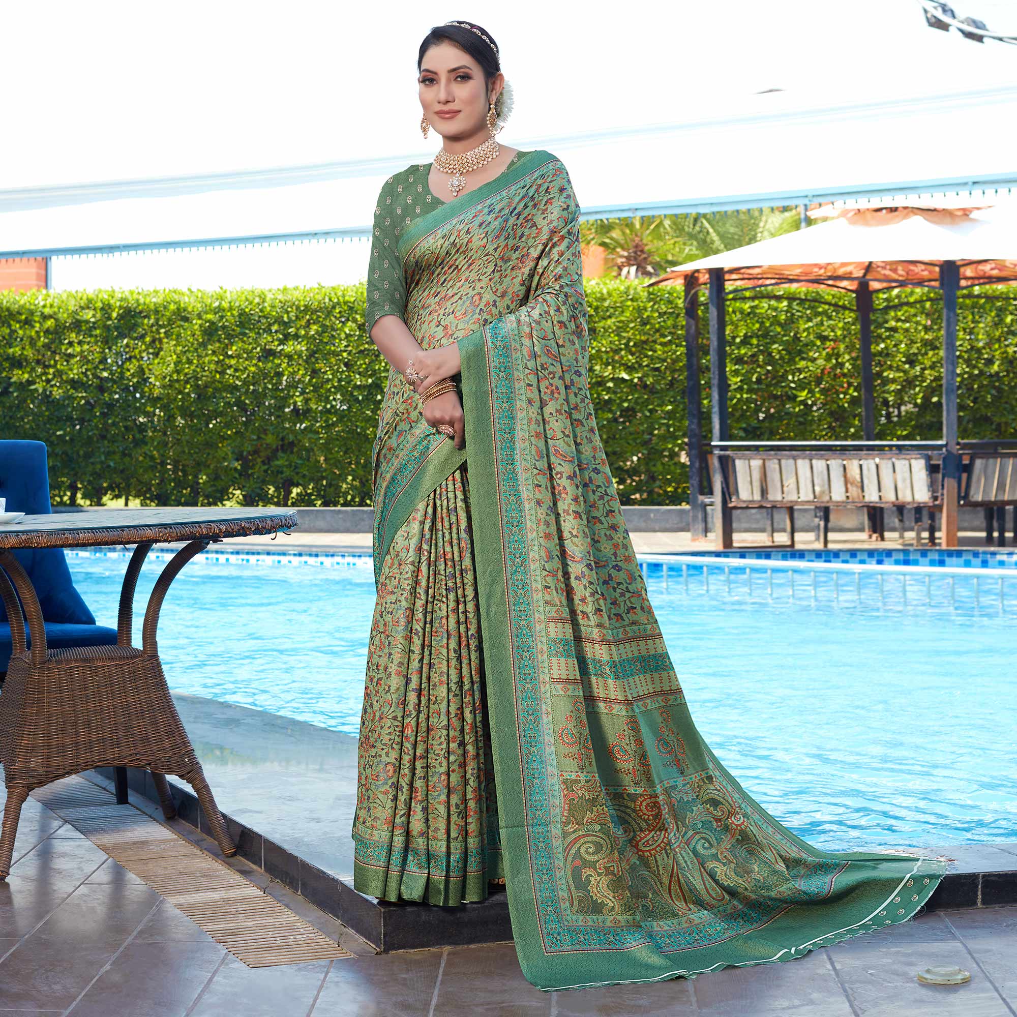 Sea Green Digital Printed Pashmina Saree