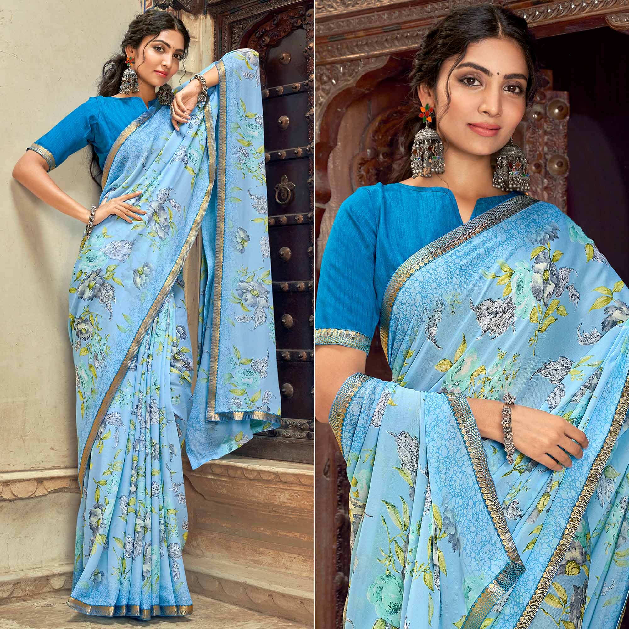 Sky Blue Floral Printed Chiffon Saree