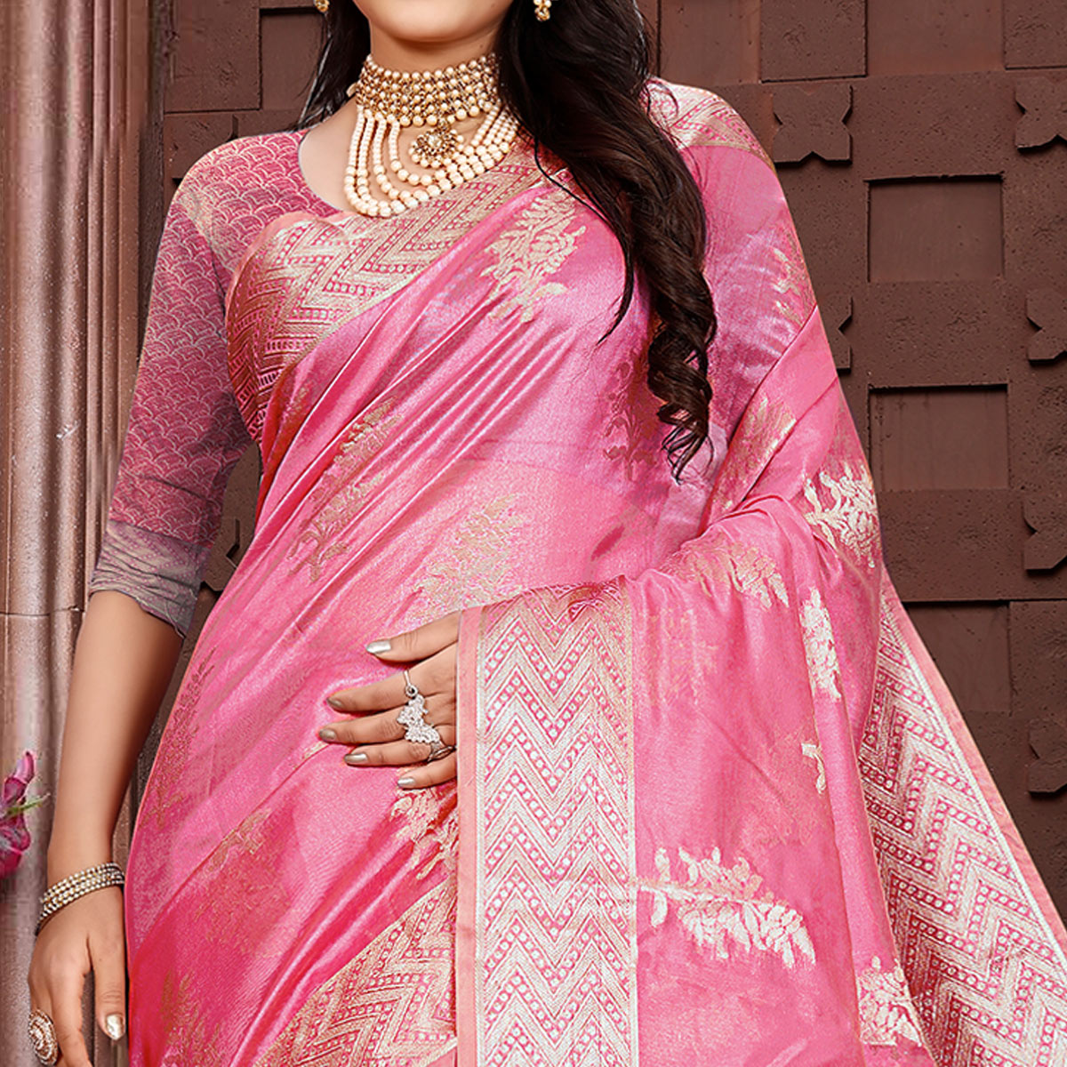 Pink Floral Woven Organza Saree