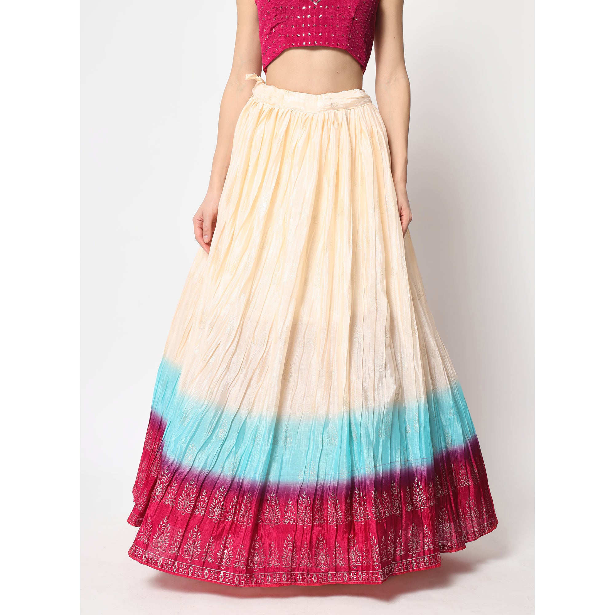 Cream Foil Printed Chiffon Lehenga Choli