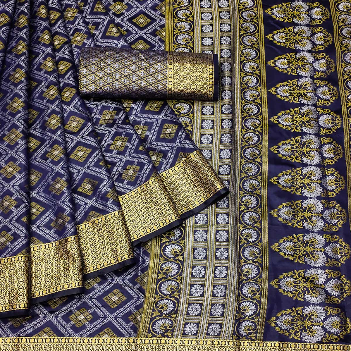 Navy Blue Bandhani Woven Banarasi Silk Saree