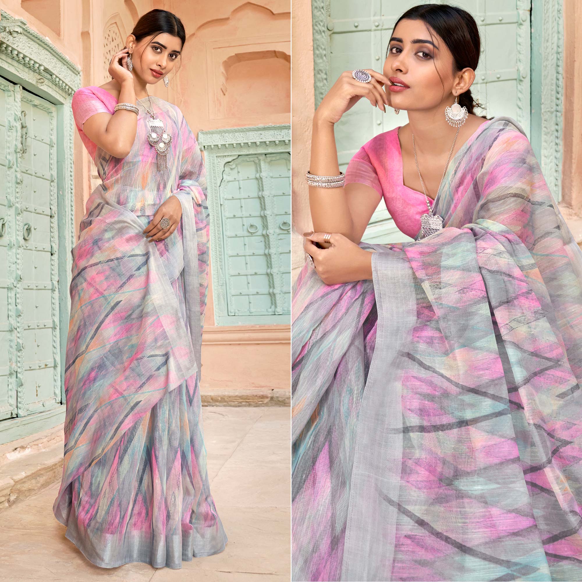 Grey Printed Cotton Blend Saree