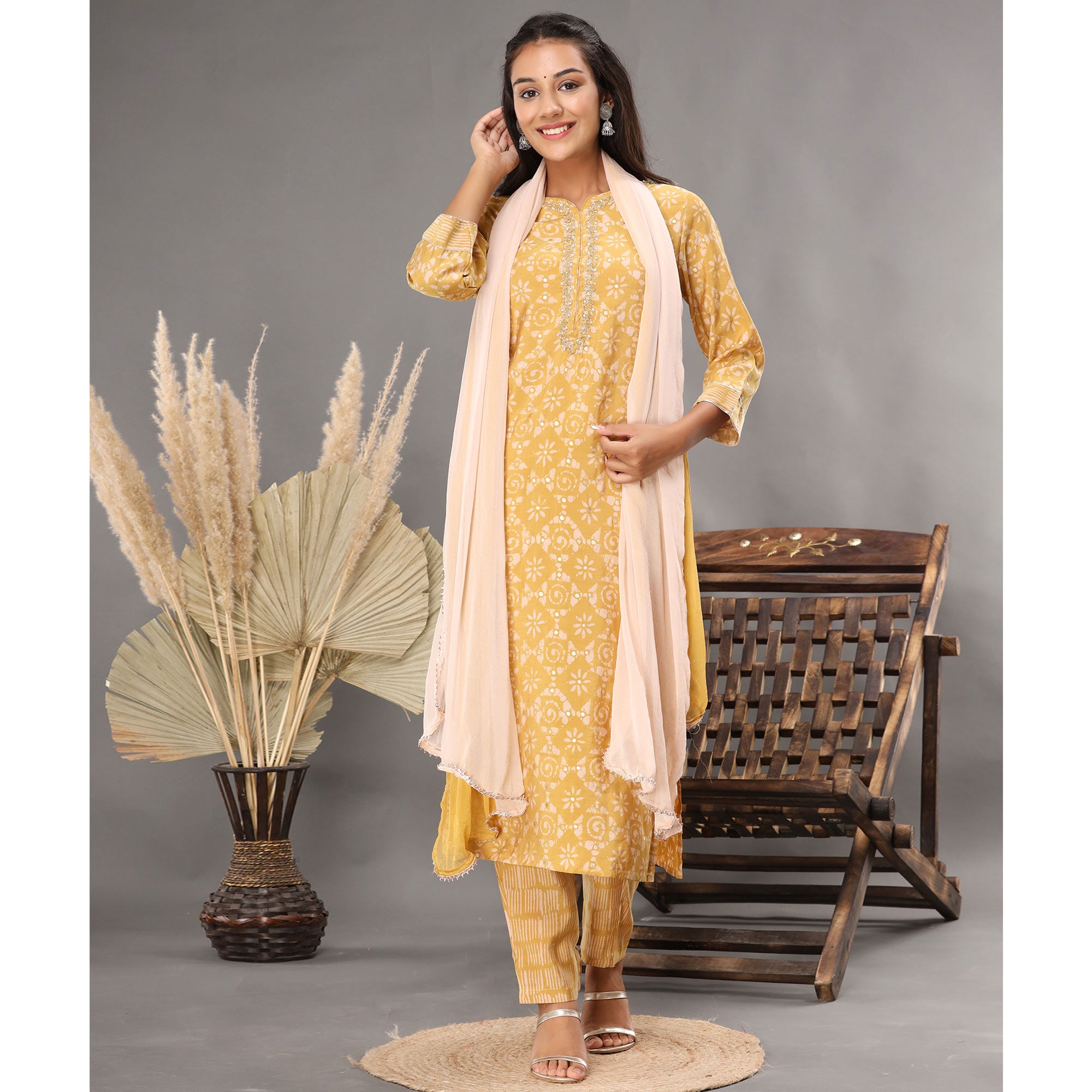 Yellow Printed Muslin Salwar Suit
