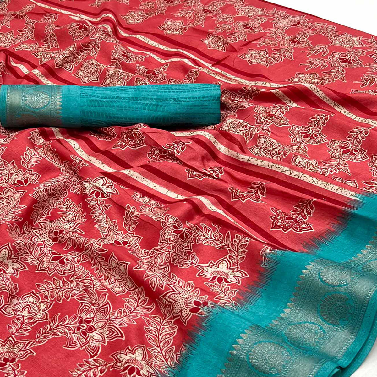 Red Floral Printed With Woven Border Dola Silk Saree