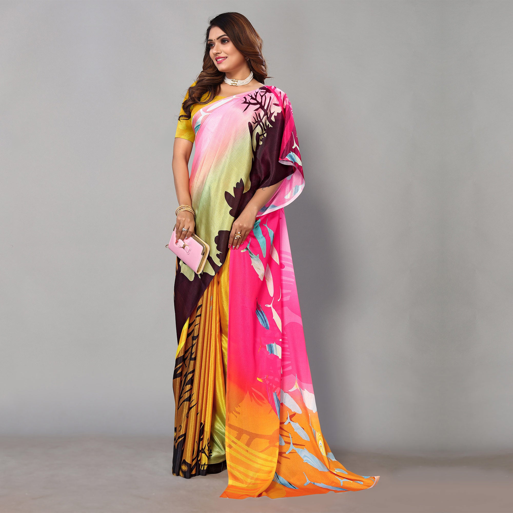 Multicolored Digital Printed Chiffon Saree