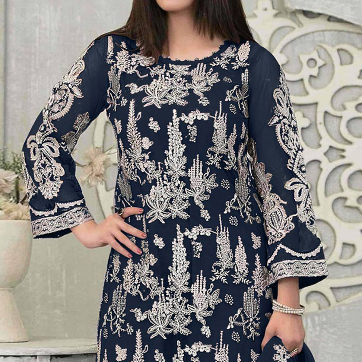 Rama Blue Floral Embroidered Georgette Pakistani Suit