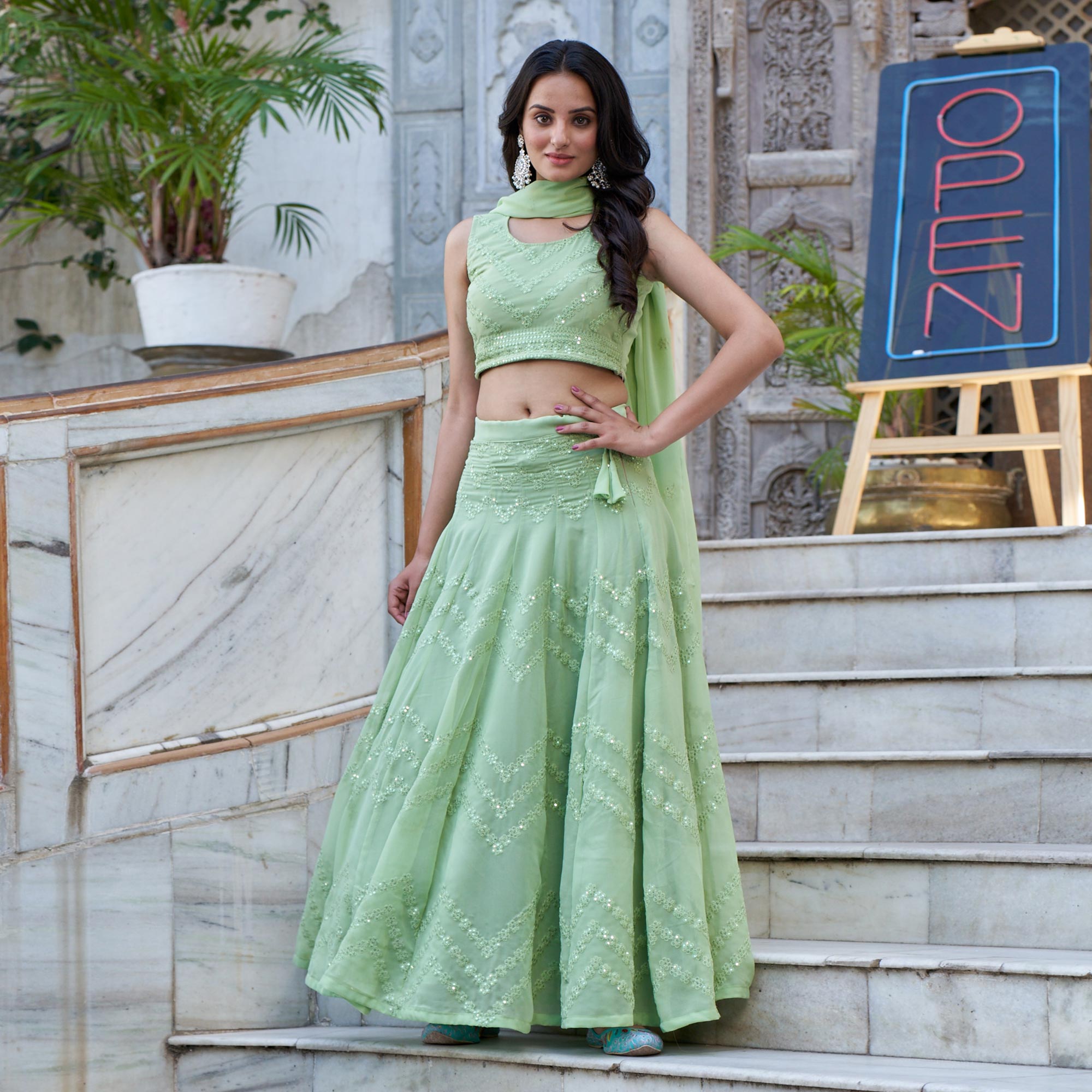 Green Sequins Embroidered Viscose Georgette Lehenga Choli