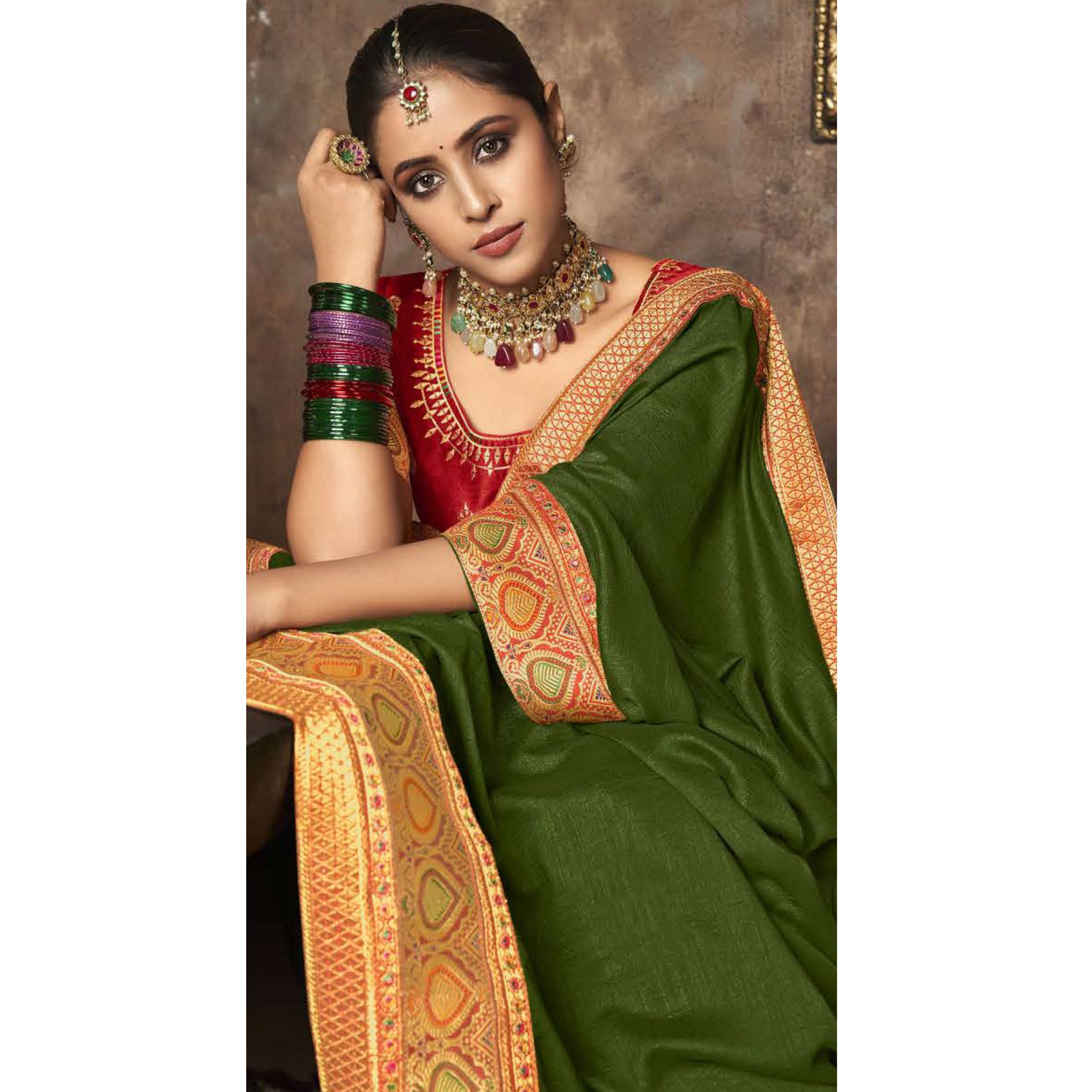 Olive Green Solid With Woven Border Vichitra Silk Saree