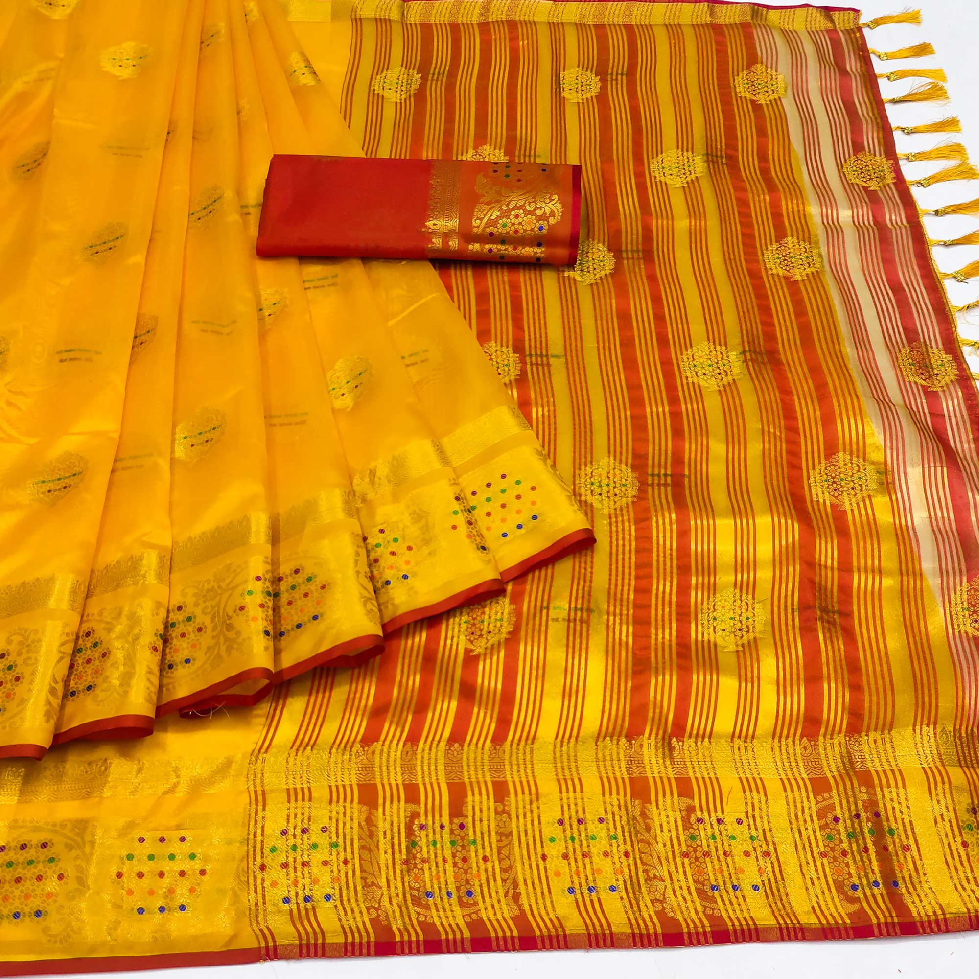 Yellow Floral Woven Organza Saree With Tassels