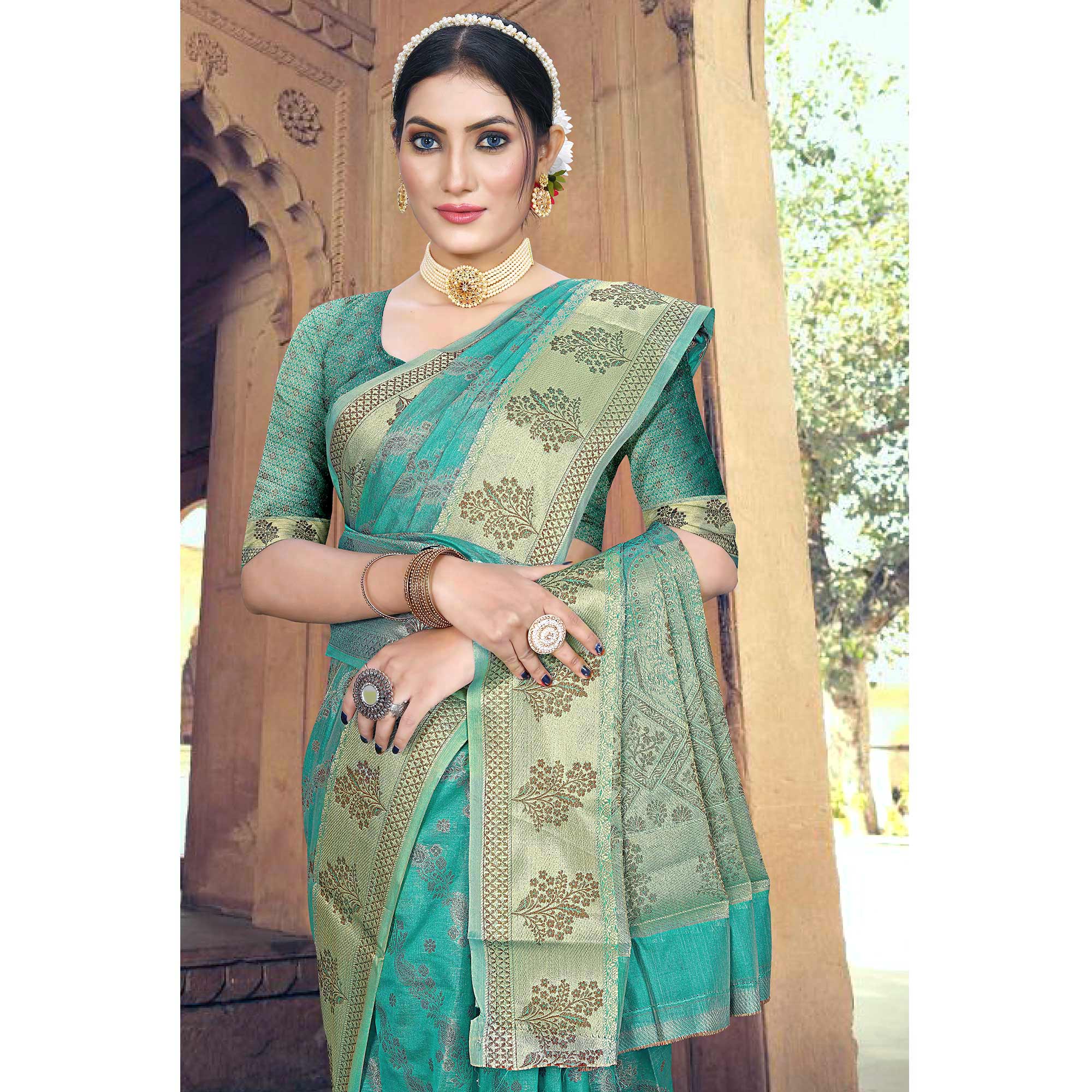 Rama Green Floral Woven Organza Saree