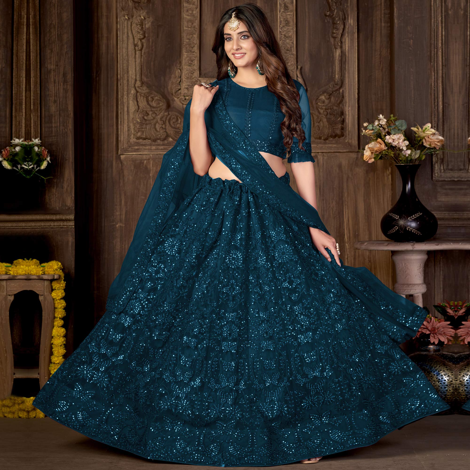 Teal Blue Sequins Embroidered Netted Lehenga Choli