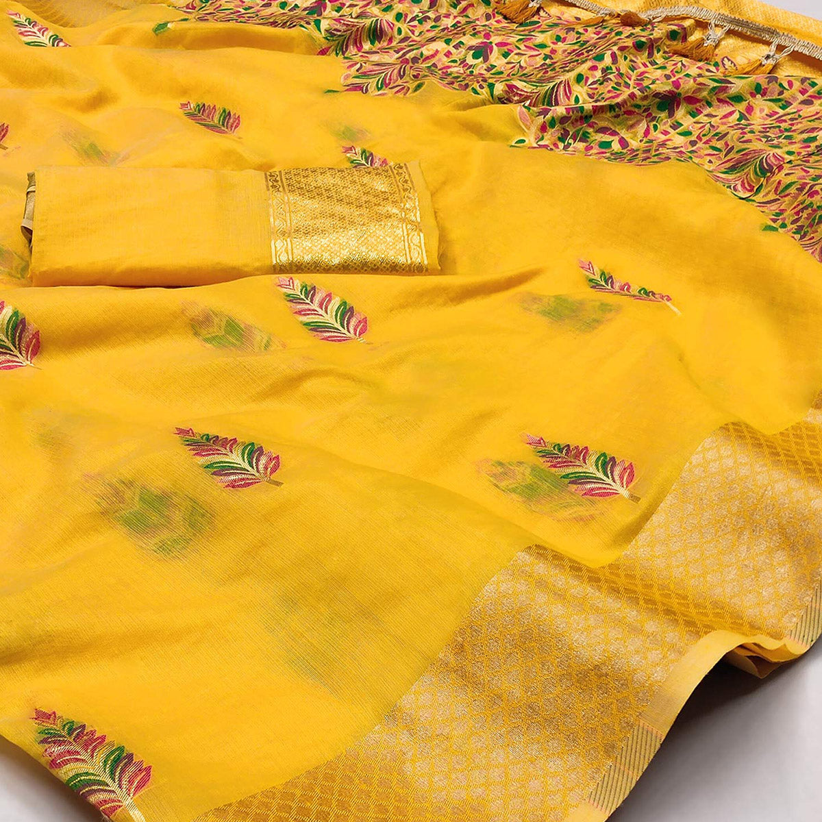 Yellow Woven Art Silk Saree With Tassels