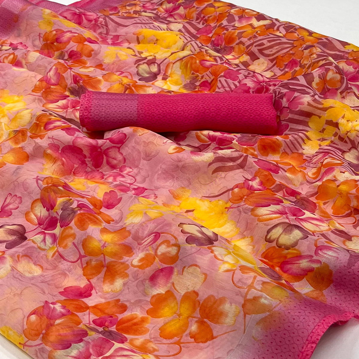 Pink Floral Printed Linen Saree