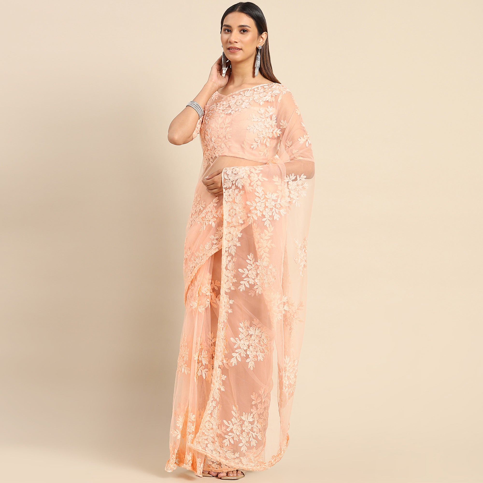 Peach Floral Embroidered Net Saree