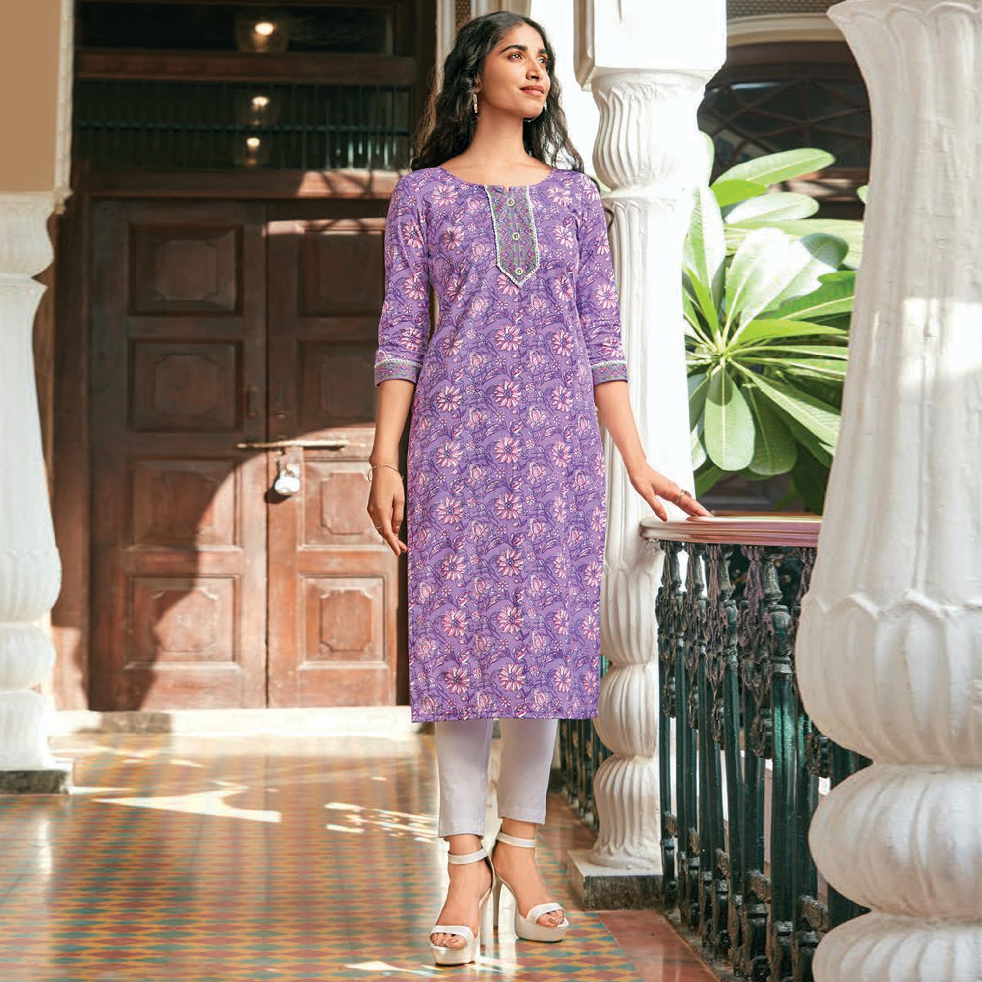 Lavender Floral Printed Cotton Blend Kurti