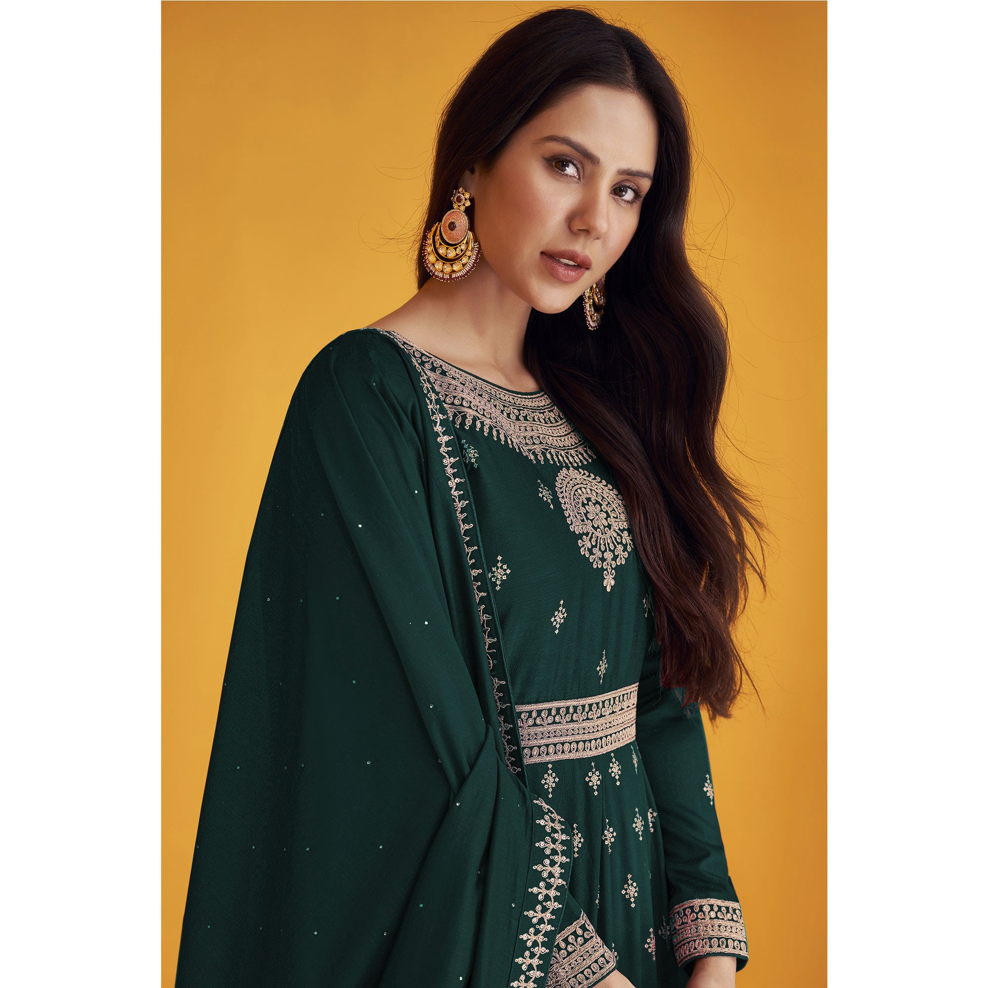 Dark Green Sequins Embroidered Georgette Semi Stitched Anarkali Suit