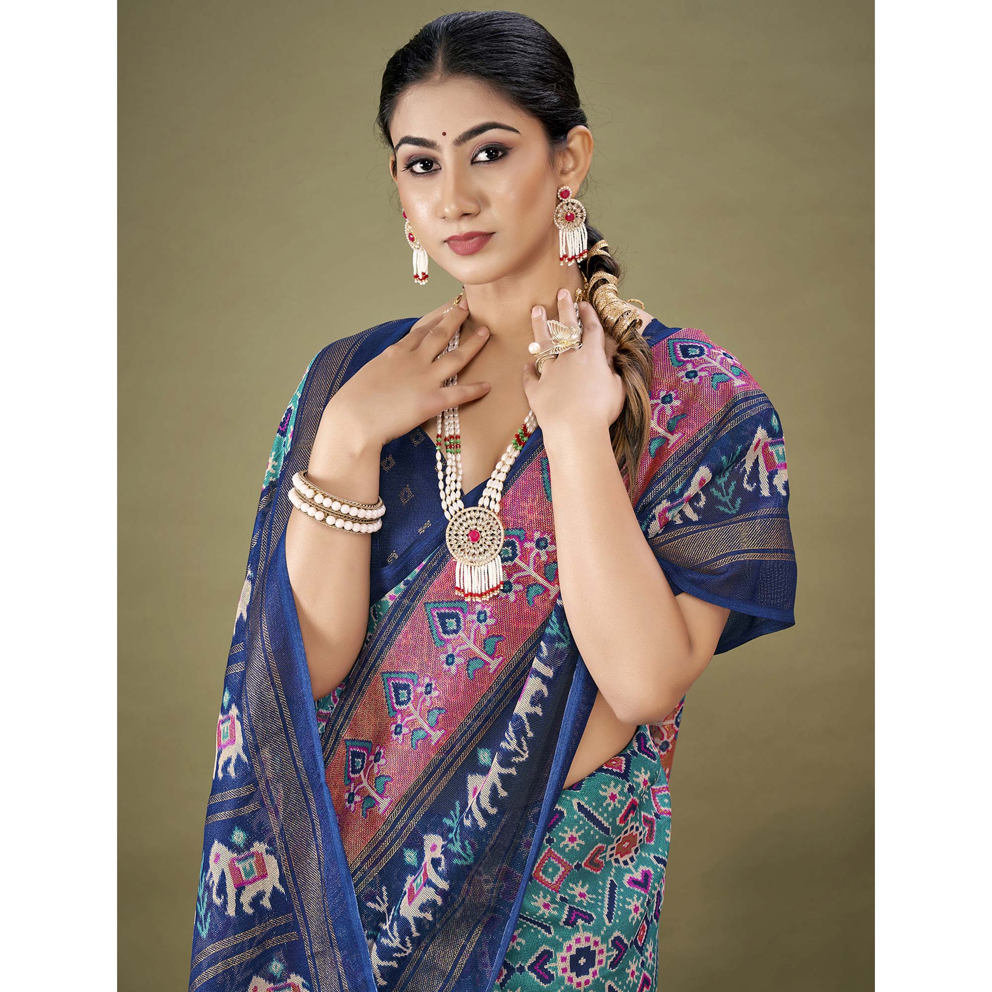 Blue Printed Jute Patola Saree