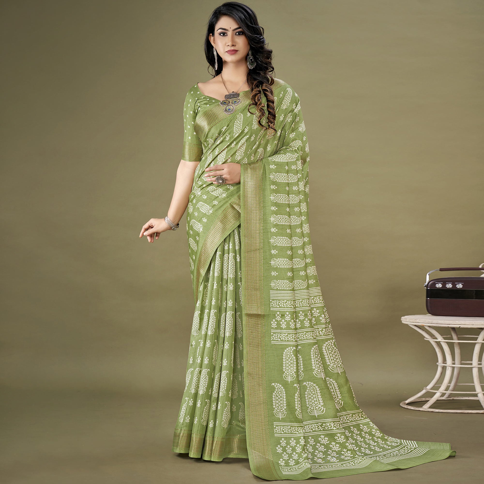 Green Floral Printed Dola Silk Saree