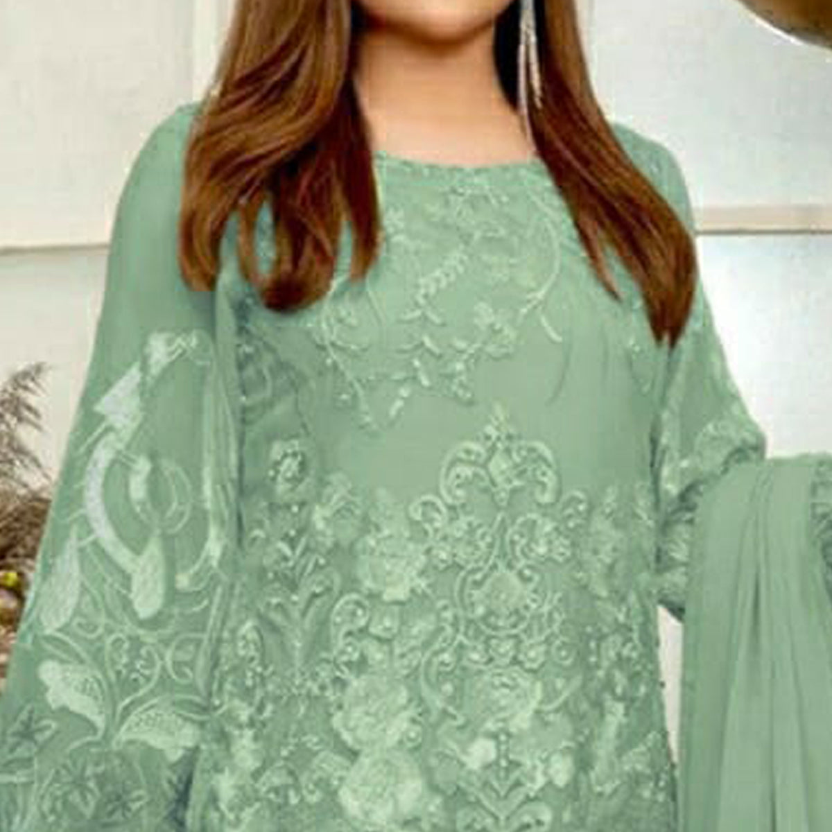 Sea Green Embroidered Georgette Pakistani Suit