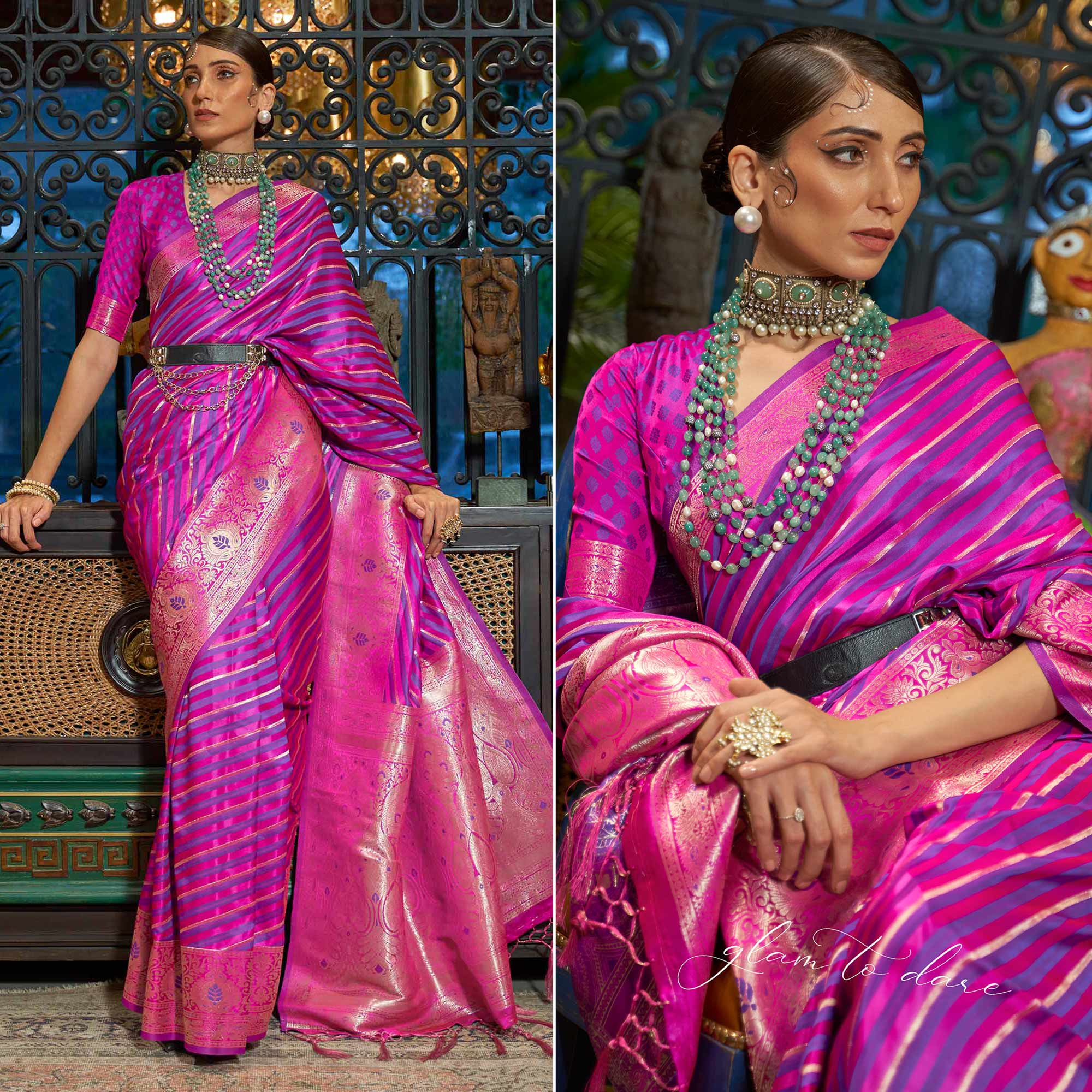 Magenta Pink Woven Satin Saree With Tassels