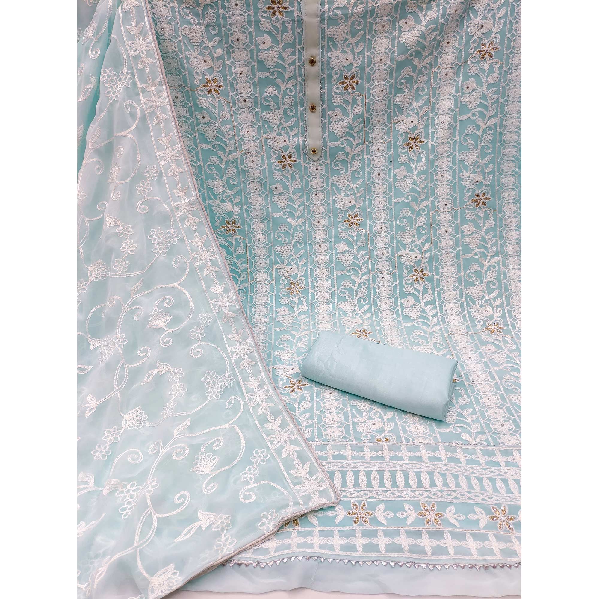 Light Blue Lucknowi Embroidered Georgette Dress Material