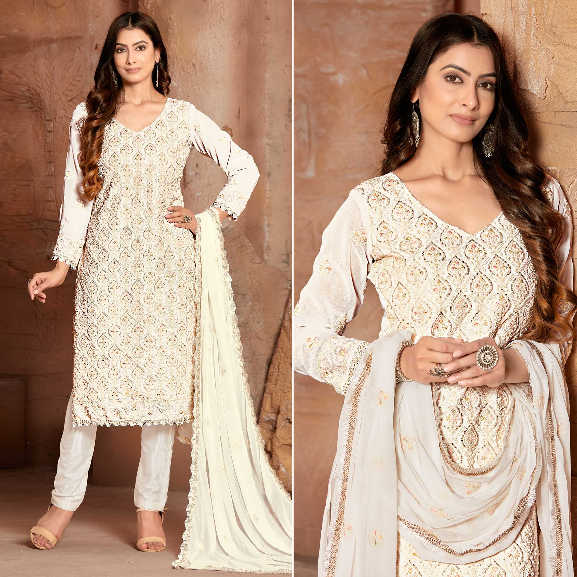 White Lucknowi Embroidered Georgette Suit