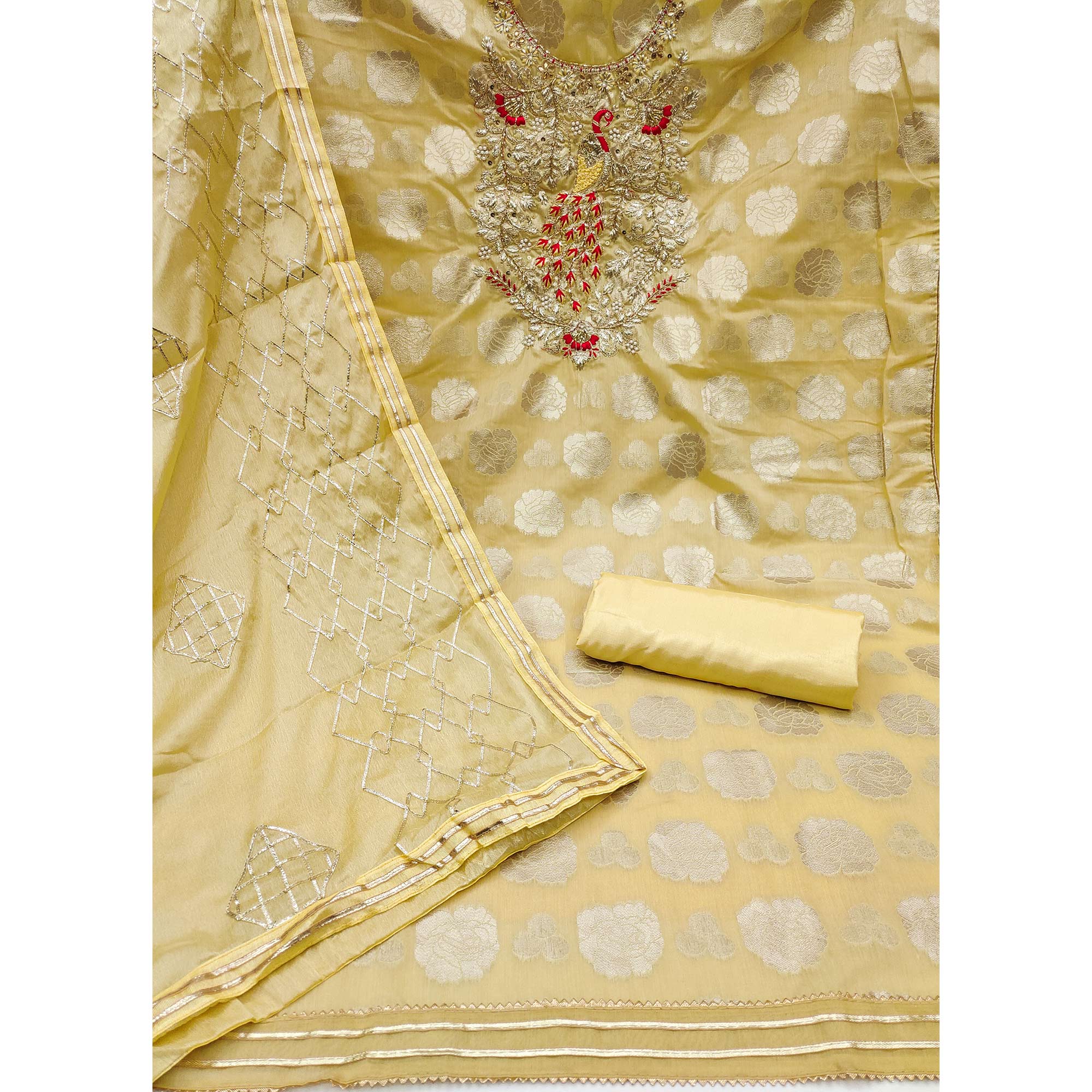 Yellow Woven Banarasi Silk Dress Material