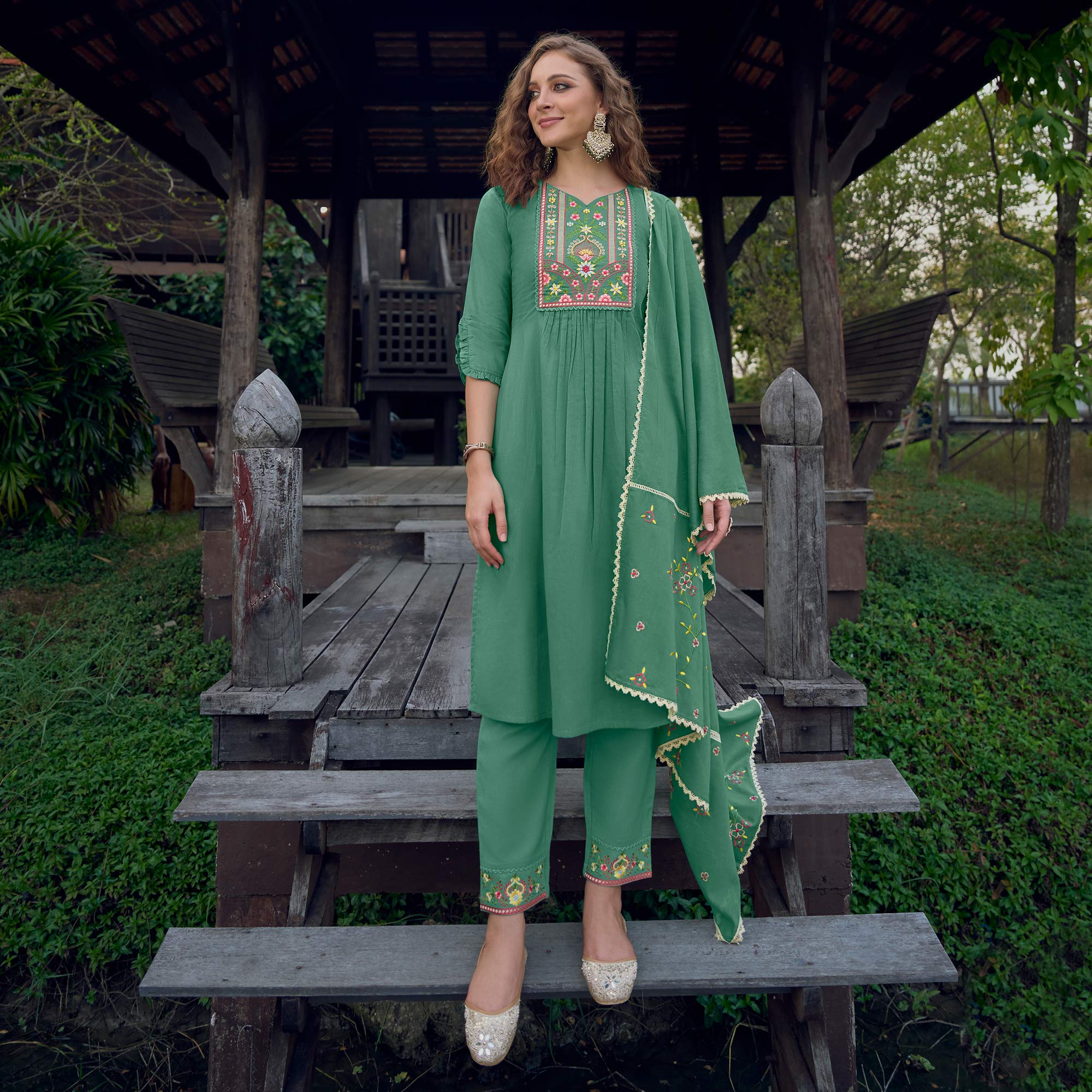 Sea Green Embroidered Pure Cotton Suit