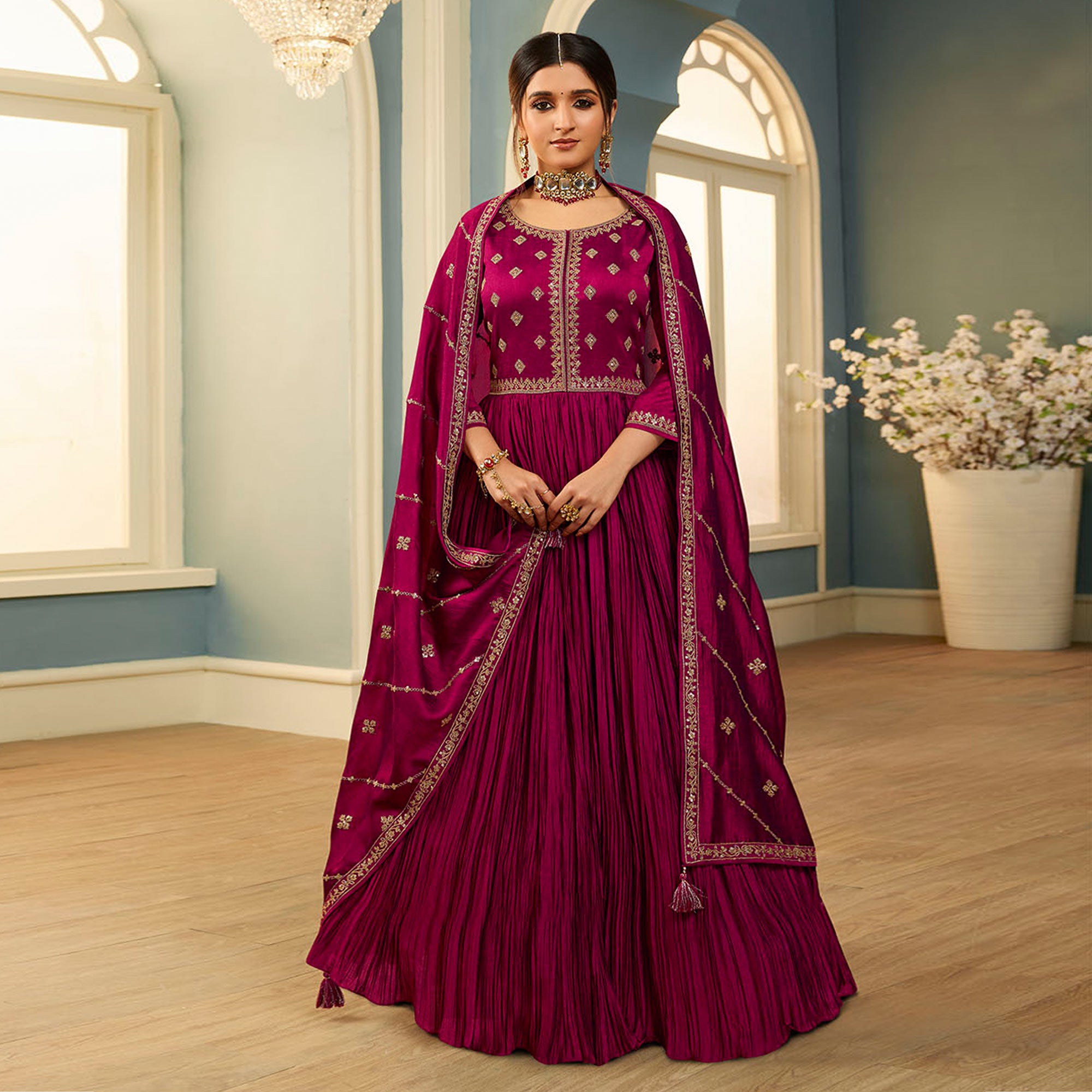 Wine Embroidered Georgette Gown