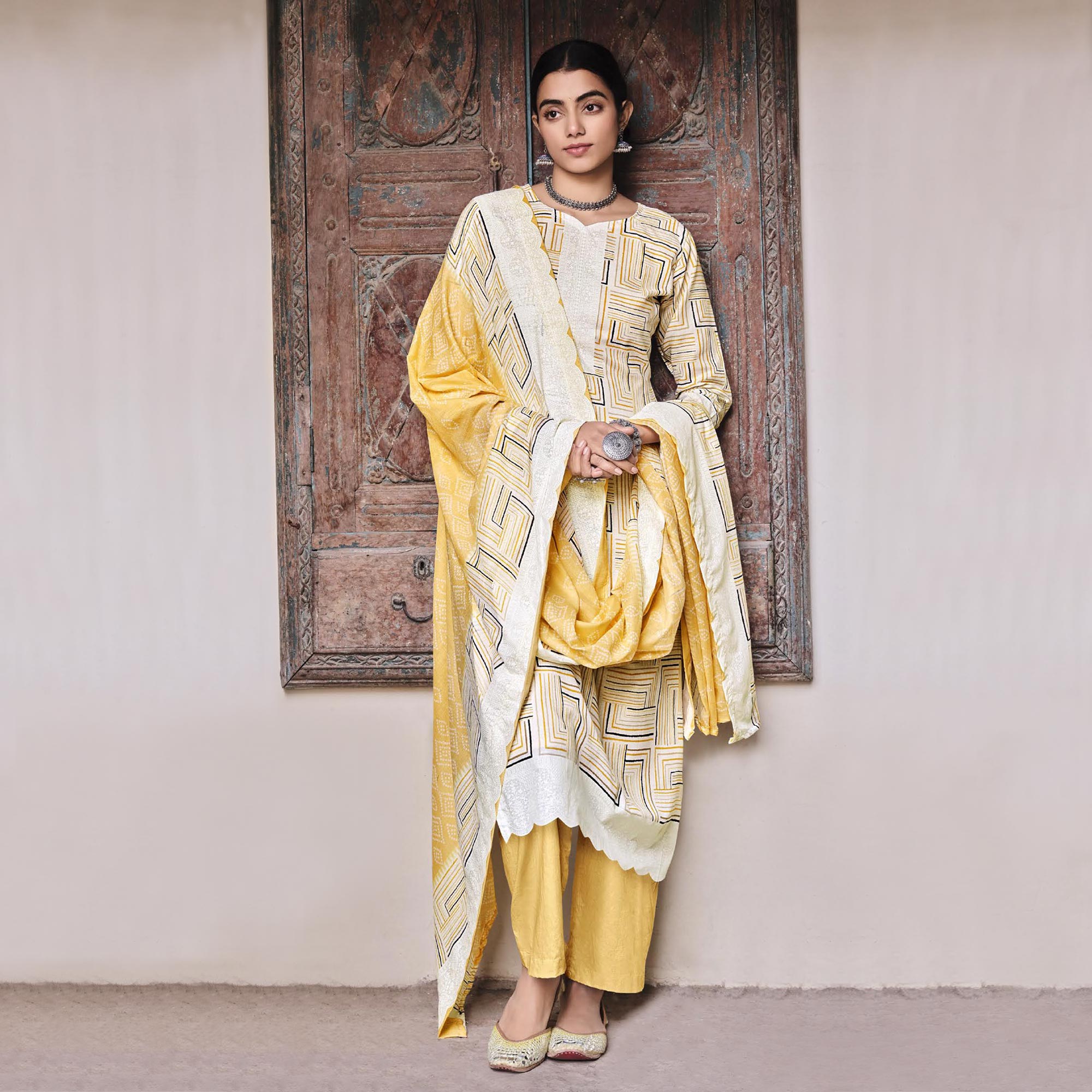 Yellow Printed Pure Cotton Salwar Suit