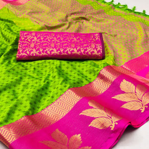 Parrot Green Woven Cotton Silk Saree With Tassels