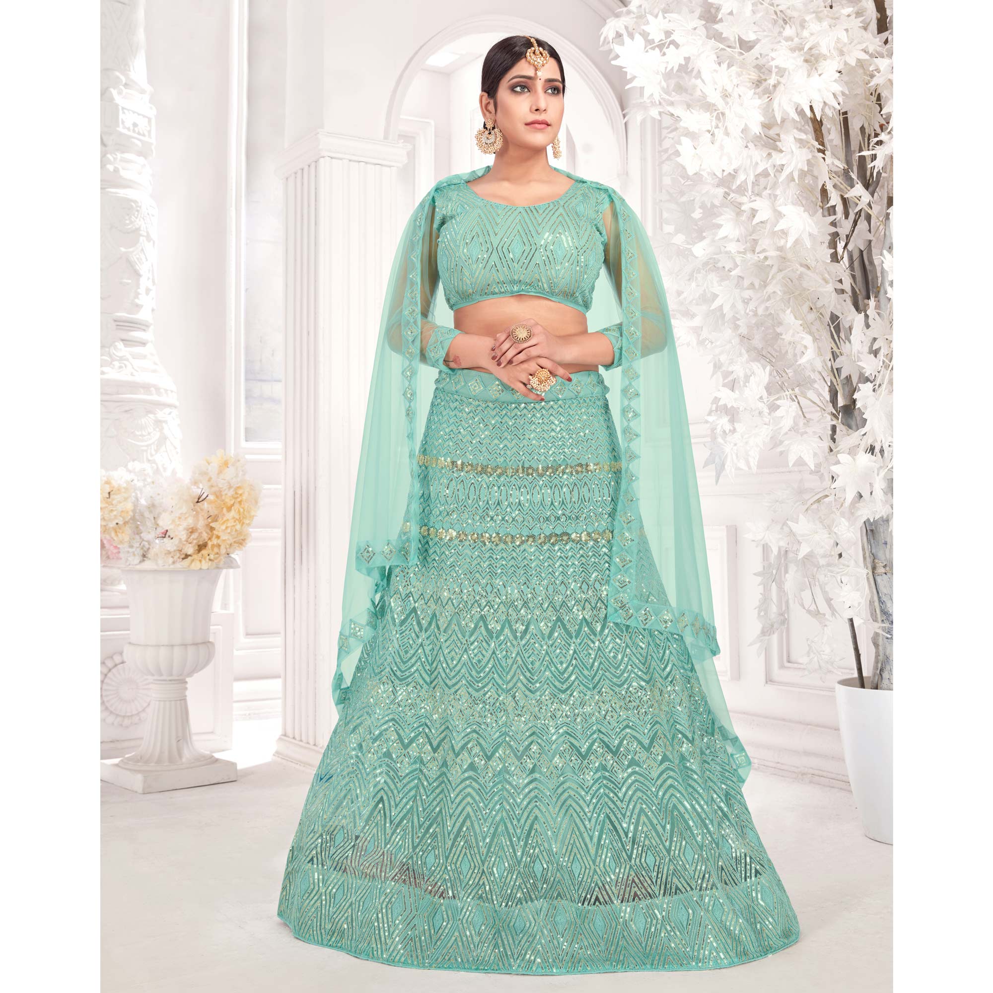 Sea Green Sequins Embroidered Netted Lehenga Choli