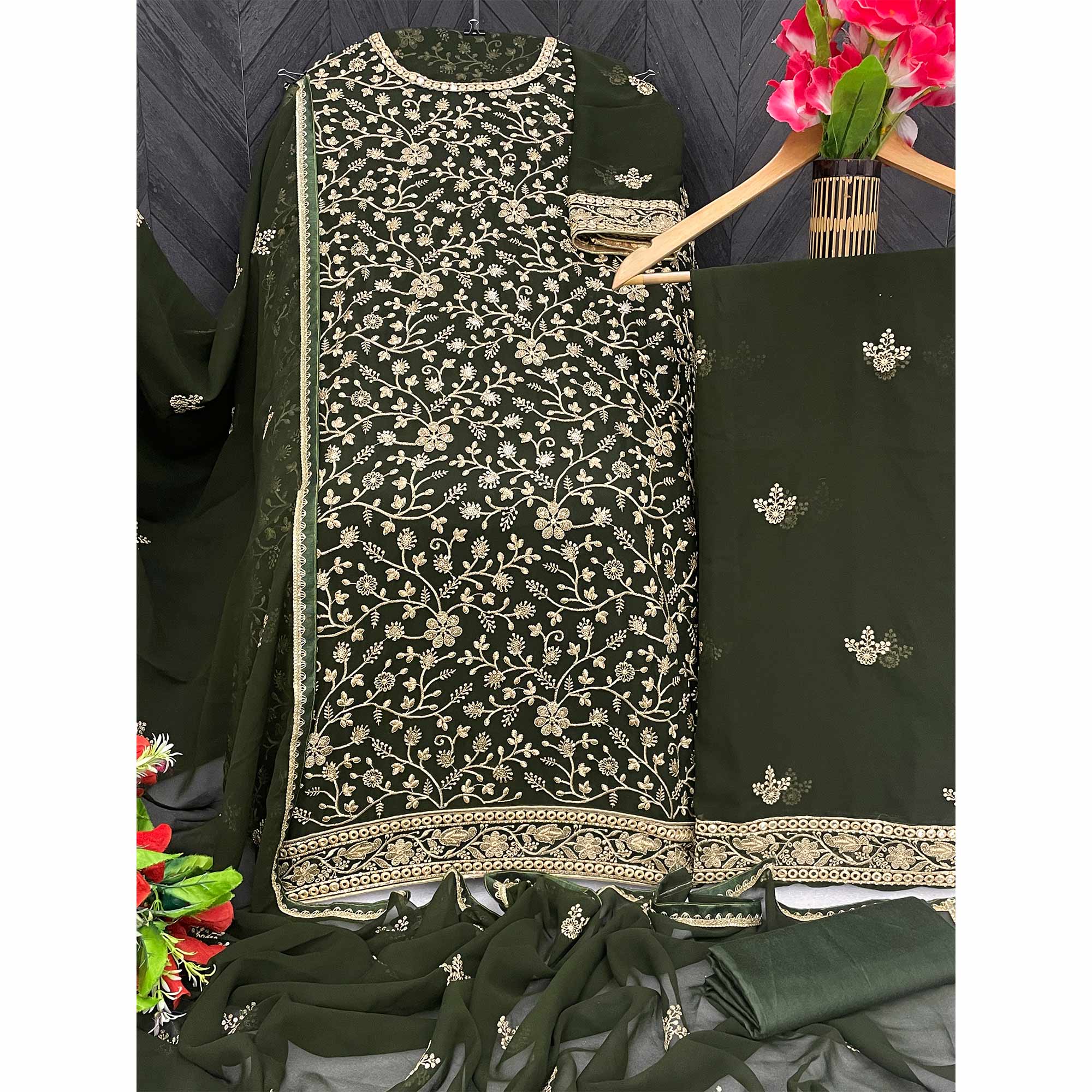Dark Olive Green Sequins Embroidered Georgette Semi Stitched Sharara Suit