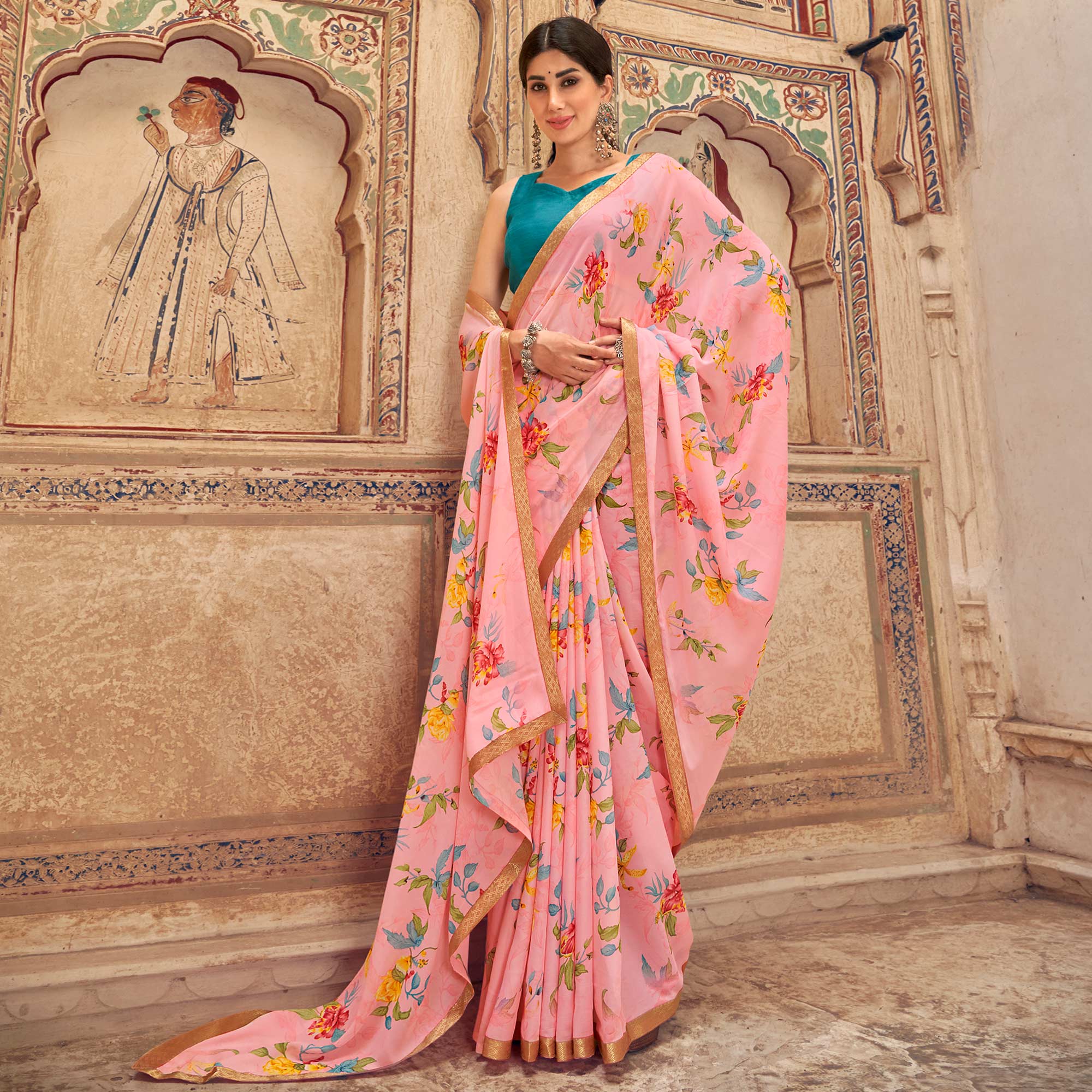 Pink Floral Printed Chiffon Saree