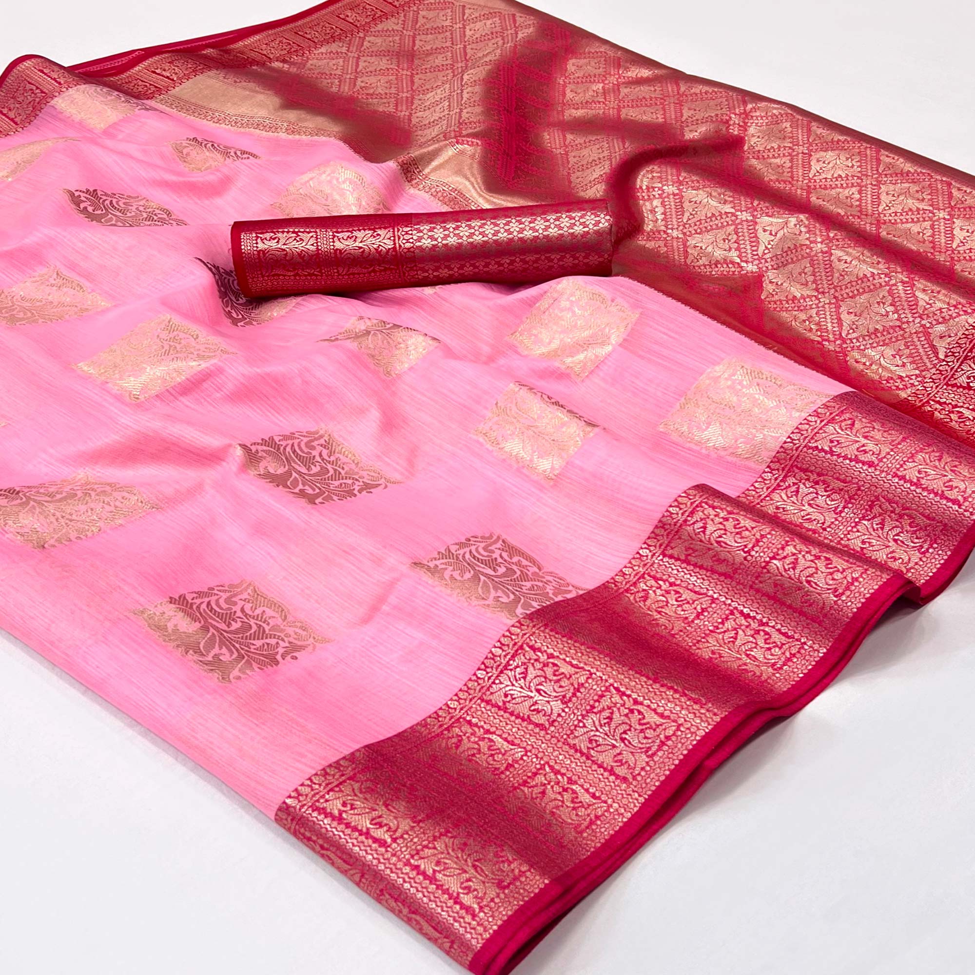 Pink Woven Linen Saree With Tassels